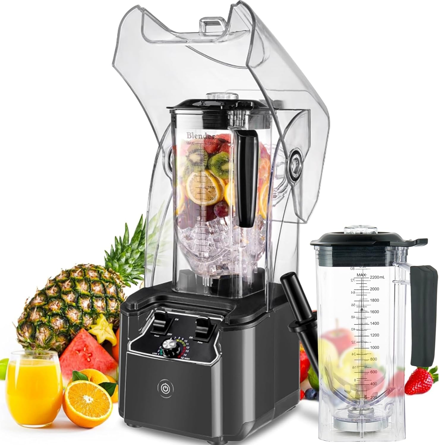 Commercial Blender for Smoothies 2200W With Soundproof Cover, 2200 ML, 15 Speeds, 6-leaves Stainless Steel Blade, Heavy Duty Blender for Restaurant, Smoothie, Ice Crush, Shakes, 9.5