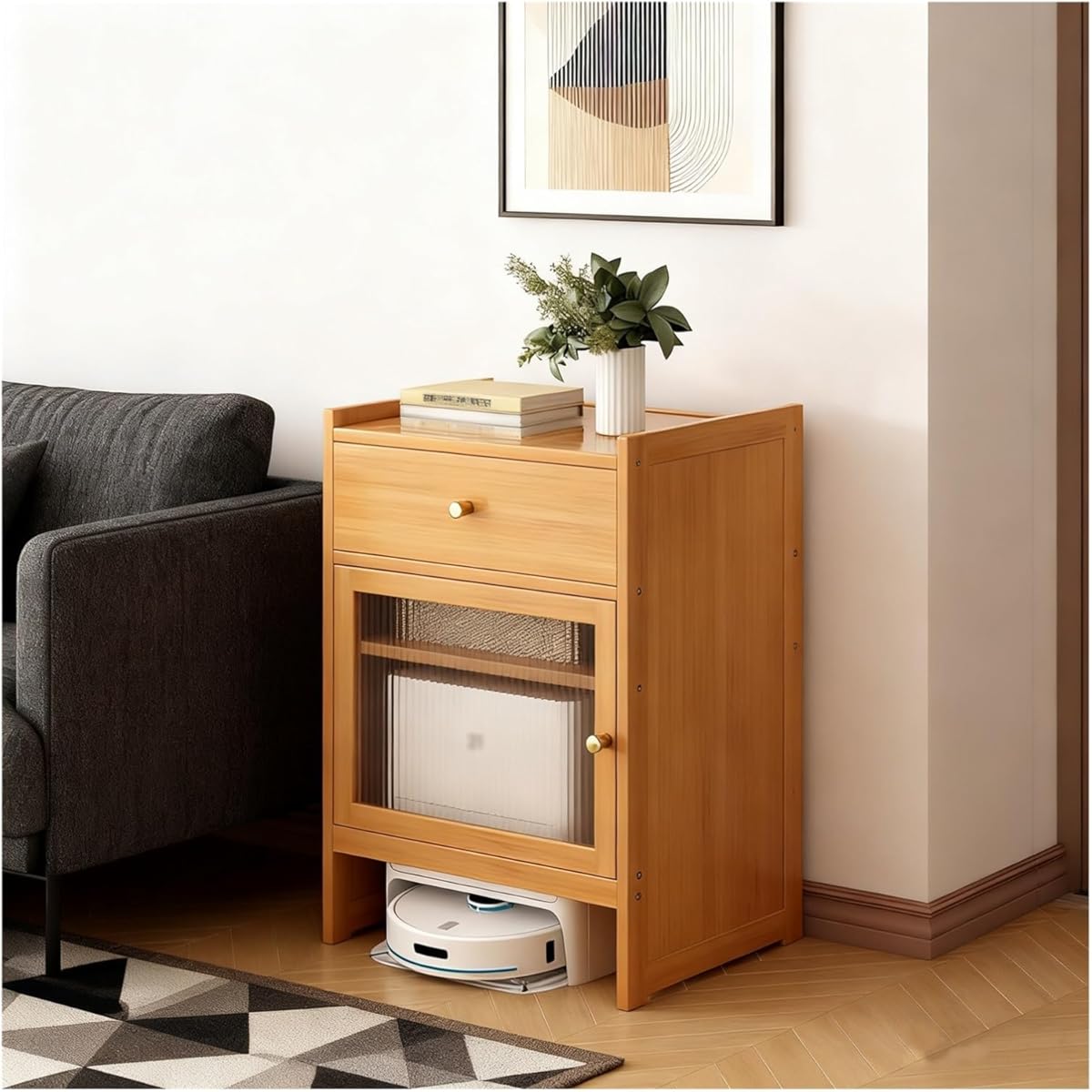 Vacuum Cabinet, Robot Vacuum Storage Side Table End Table Robot Storage Cabinet for Living Room, Home, Office, Entrance, Save Space(Natural)