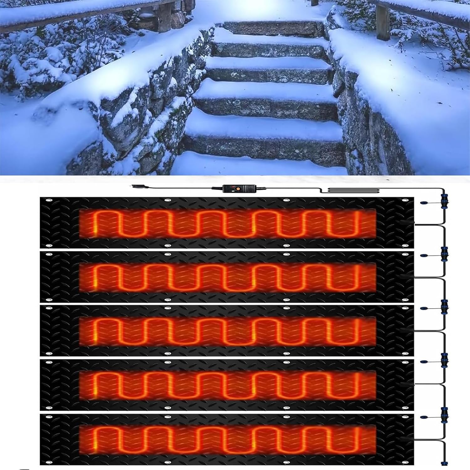 Heated Snow Melting mats, Heated Snow Melting Mats for Stairs, w/Power Cord, Snow and Ice Heated Pad for Winter Stairs, Steps, Doorways, Walkways, Driveway,5 Pcs-40x200cm/15.7x79in