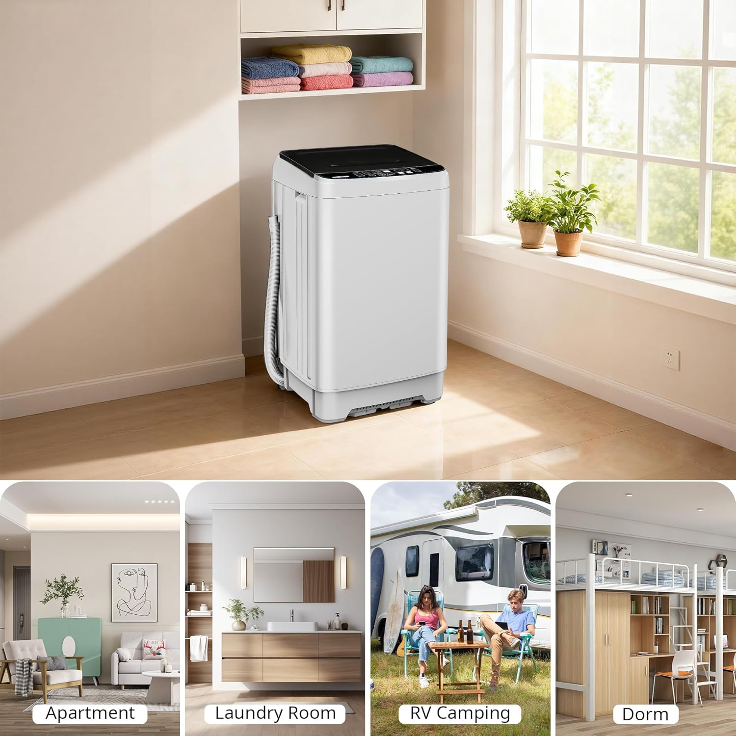 Portable Washing Machine, Full Automatic Portable Washer 17.7lbs Small Washing Machine 10 Wash Programs, 24hr Timer, Drain Hose, Apartment Washer Machines for RV, Dorm, College, Home, Off-White