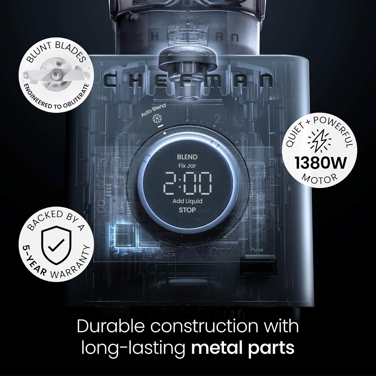 Chefman Obliterator 48 oz Countertop Blender for Smoothies, 1380W Motor to Crush Ice, Nuts, and Frozen Fruit with Stainless Steel Blade, Blender Pack Includes Two 20 oz. Travel Jars - Concrete