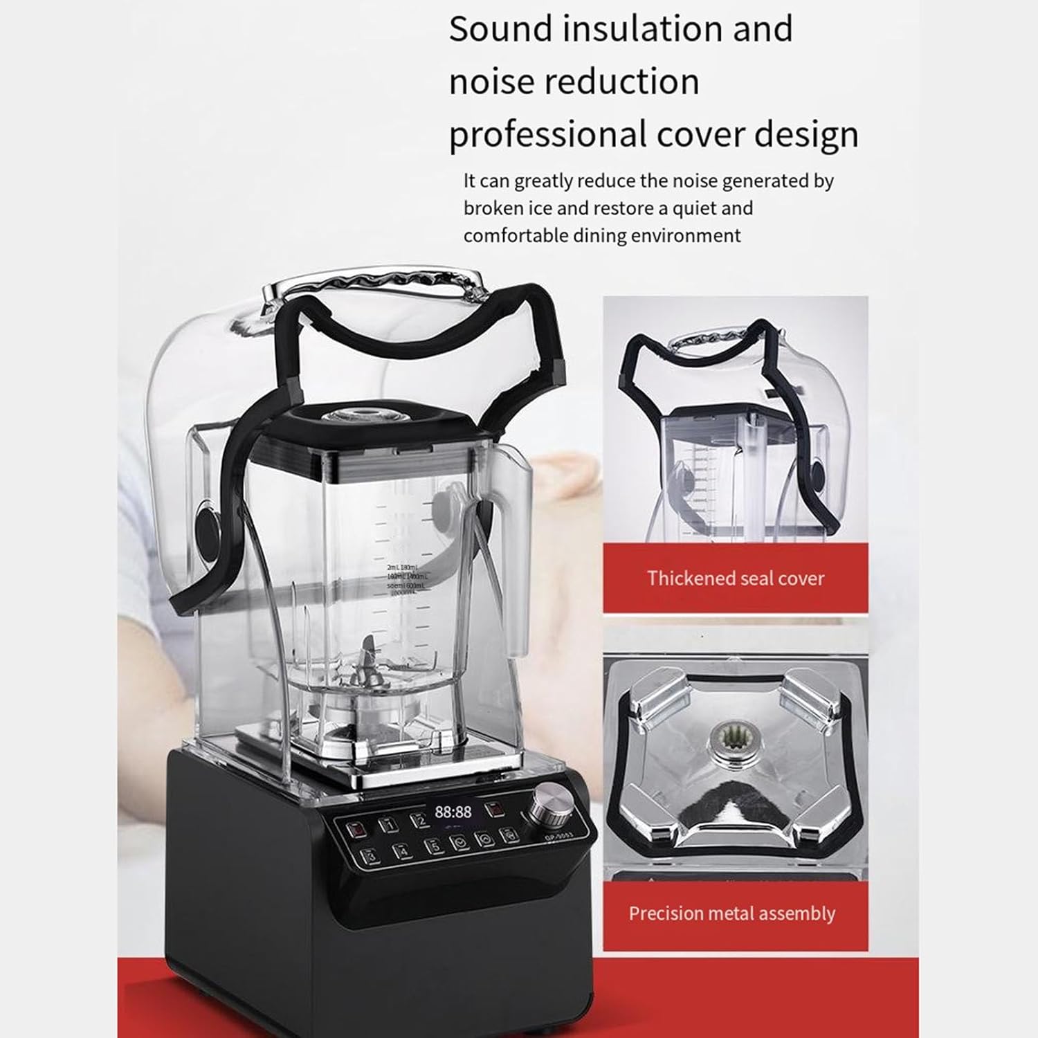 Commercial Blender and Smoothie Machine, Button Speed Adjustment, with Sound Insulation Cover, 2L Large Capacity,Grey