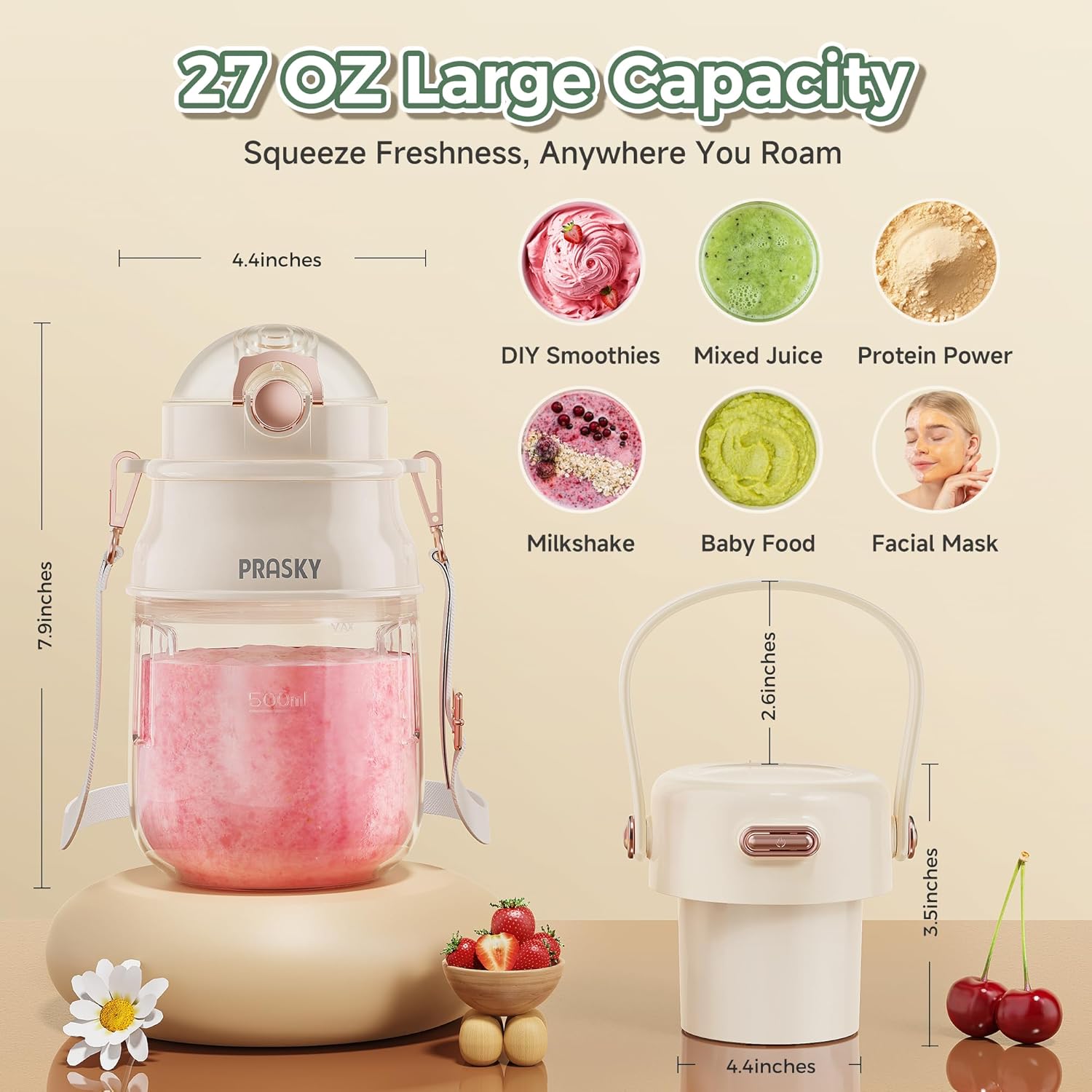 Professional Blender,Smoothies Blenders, PRASKY Max.2400Watts/1000Watts Blender + 27oz Cup