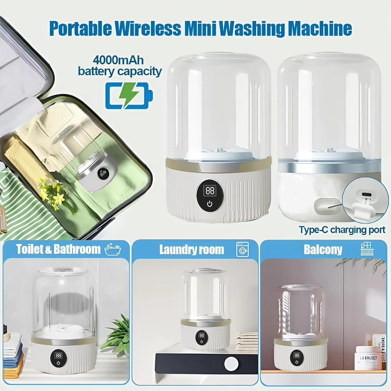 Cordless Portable Washing Machine for Delicates - 4000mAh Rechargeable Mini Washer with Gentle Cycle, Compact Laundry Solution for Bras/Underwear/Socks, Camping/RV/Dorms/Apartments (Blue)