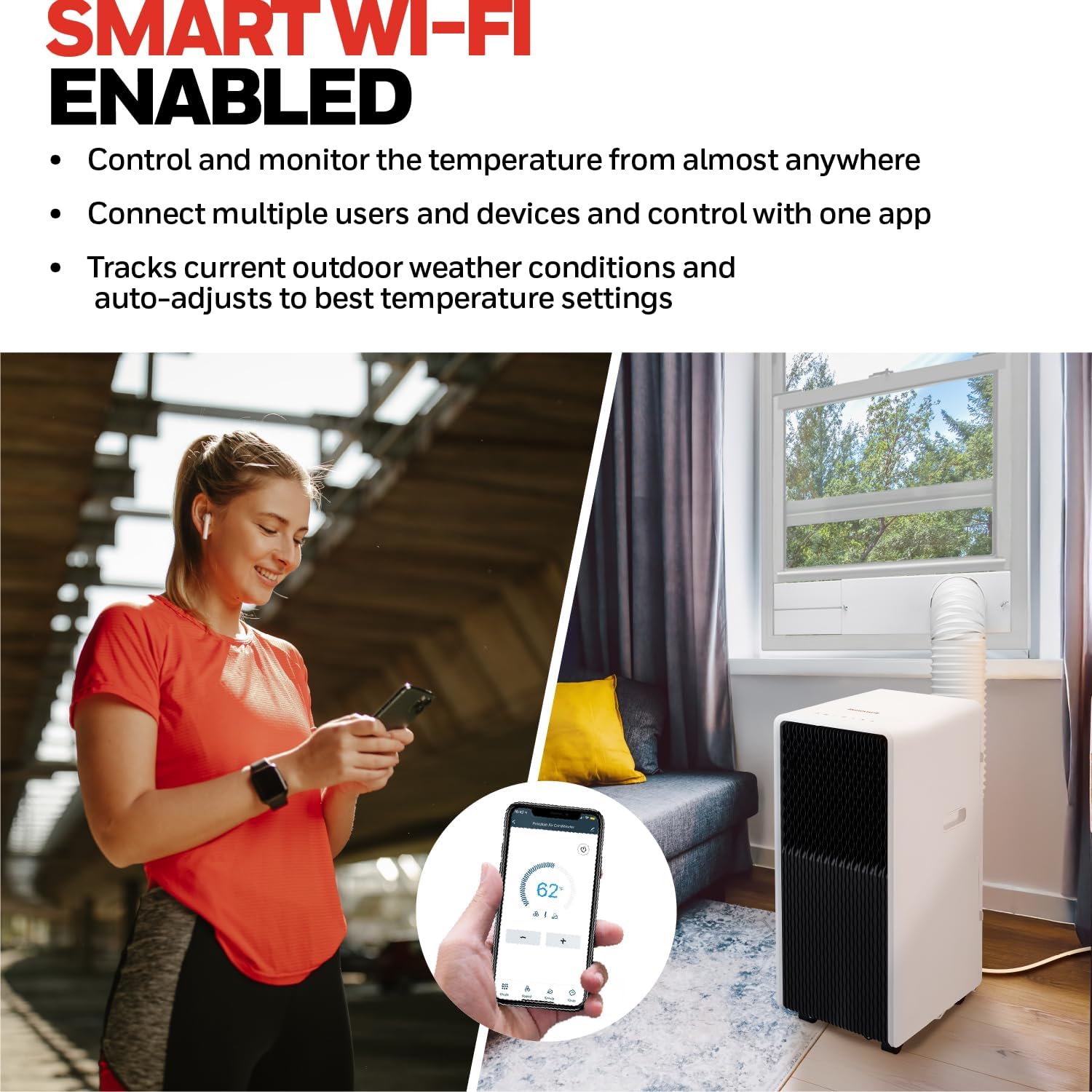 Honeywell 13,500 BTU Slim & Smart WiFi Portable AC with Fan, Dehumidifier, Alexa/Google Home Voice Control – Cools Up to 660 Sq. Ft., HX4CESVWG0