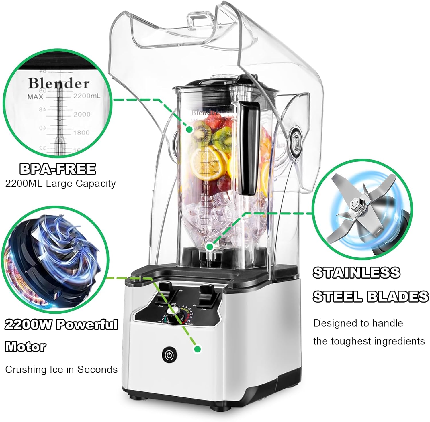 Commercial Blender for Smoothies With Quiet Shield, 2.5HP Motor, Stainless Steel Blade, 80oz Pitcher for Shakes, Smoothies, Ice Crushing, Frozen Drinks, 15 Speeds, Self-Cleaning, White