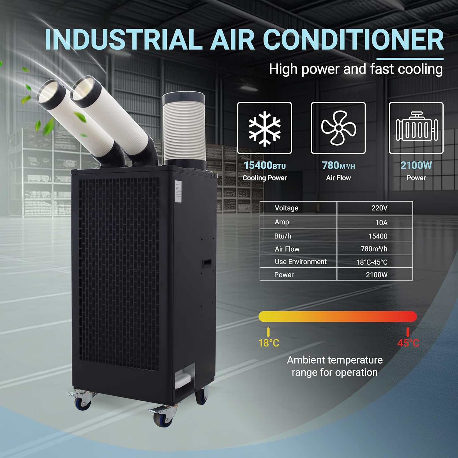 15400BTU/H Industrial Spot Cooler Air Conditioner Industrial Air Conditioner with 2.1Gal Water Tank Portable Mobile Spot Cooler Double Ducts 2.1KW 220V Black