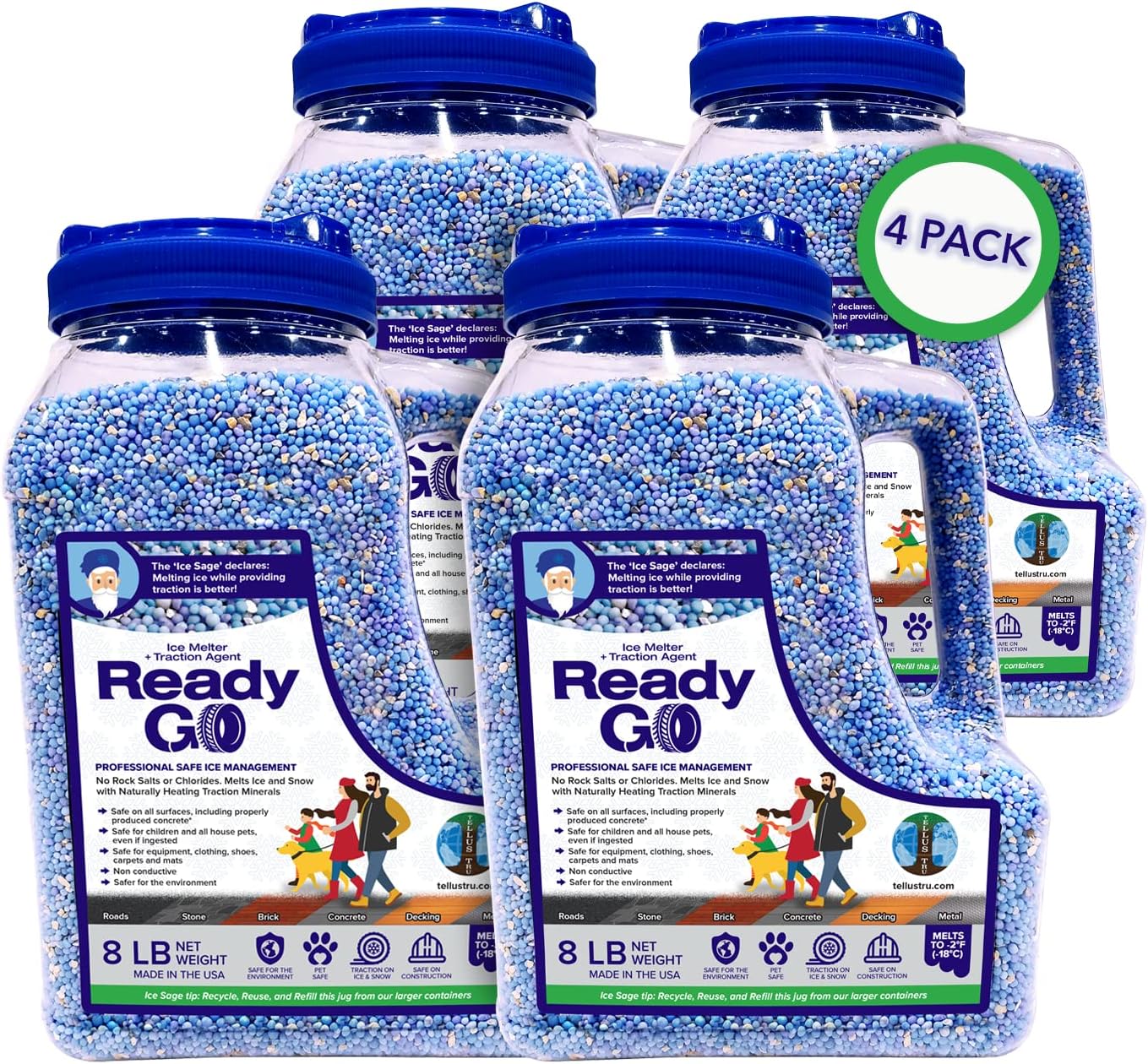 Ready Go Ice Melter with Traction Minerals to Melt Ice & Snow for Instant Traction Chloride Free Salt Free, Non-Toxic, Pet Safe, Child Safe, Environmentally Friendly (8 lb Pack of 4)