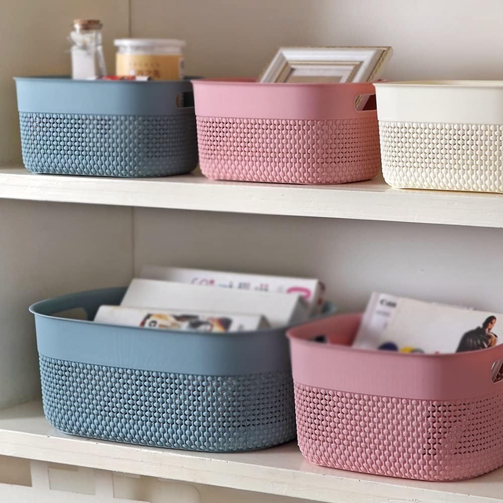 INLIMA Appliance Shelf for Kitchen Rattan Storage Baskets, Rectangular Plastic Fruit Baskets, Storage Boxes for Sundries, Kitchen Vegetable Storage Baskets. (Color : Pink, Size : Small)