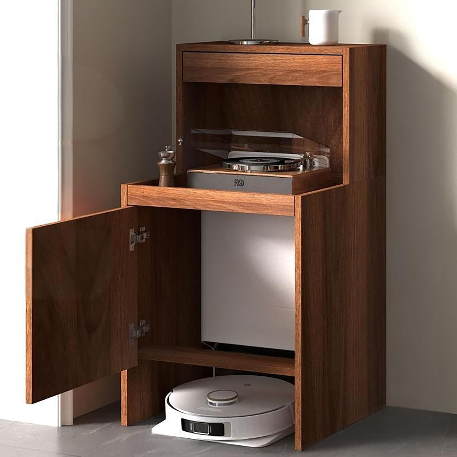 Robot Vacuum Stand Cabinet,Storage Cabinet with Doors and Drawers for Robot Vacuum Cleaner,Wood Bathroom Cabinet,Side Table for Living Room, Home Office(Dark Brown,H100cm/39.3in)