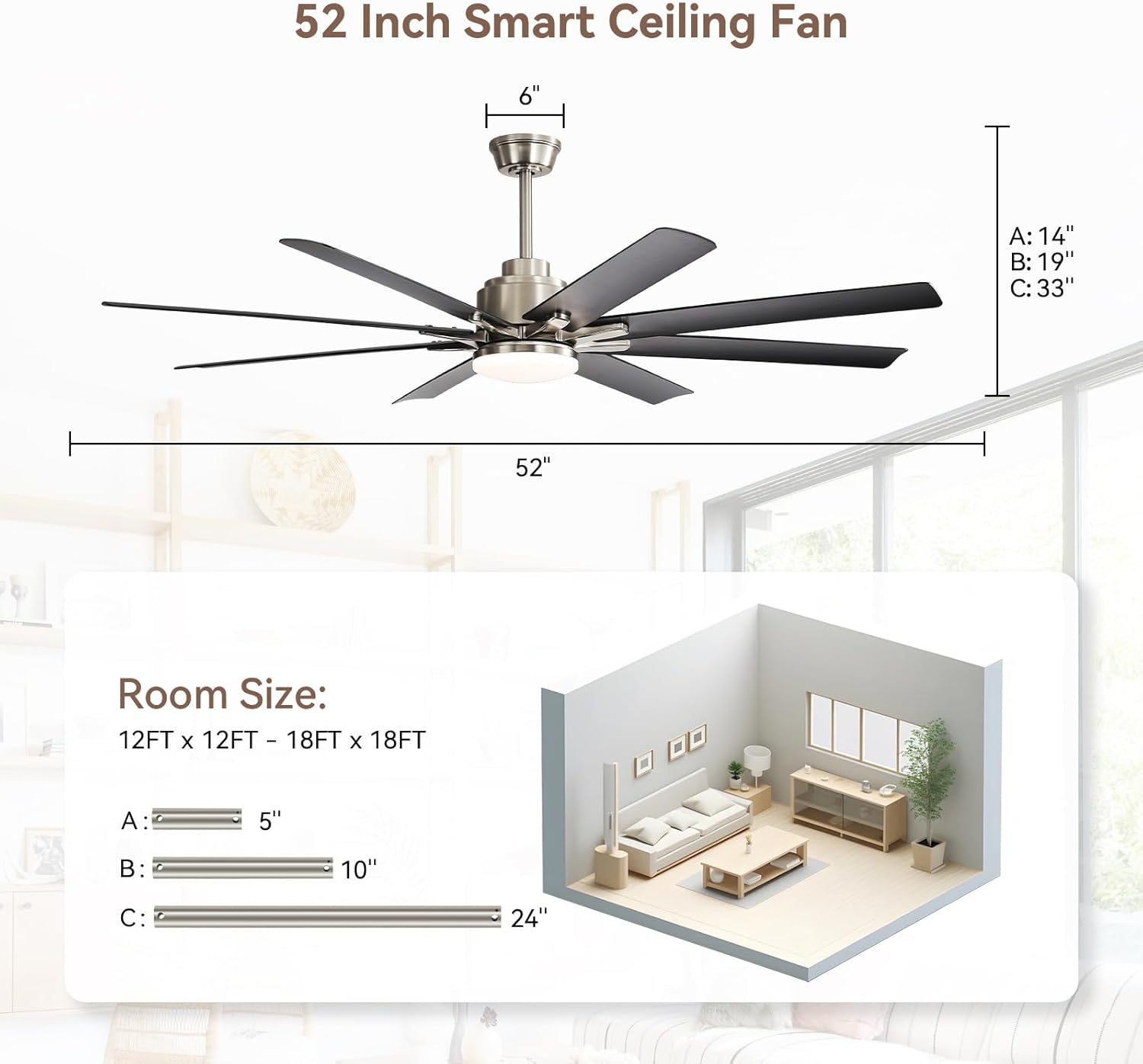 Sofucor Smart Ceiling Fans with Lights, 52'' Ceiling Fan with Light and Remote, Work with Alexa/Google, Black Indoor/Outdoor Ceiling Fan, Quiet DC Motor, 3CCT, 8 Blades Ceiling Fans for Bedroom Patio
