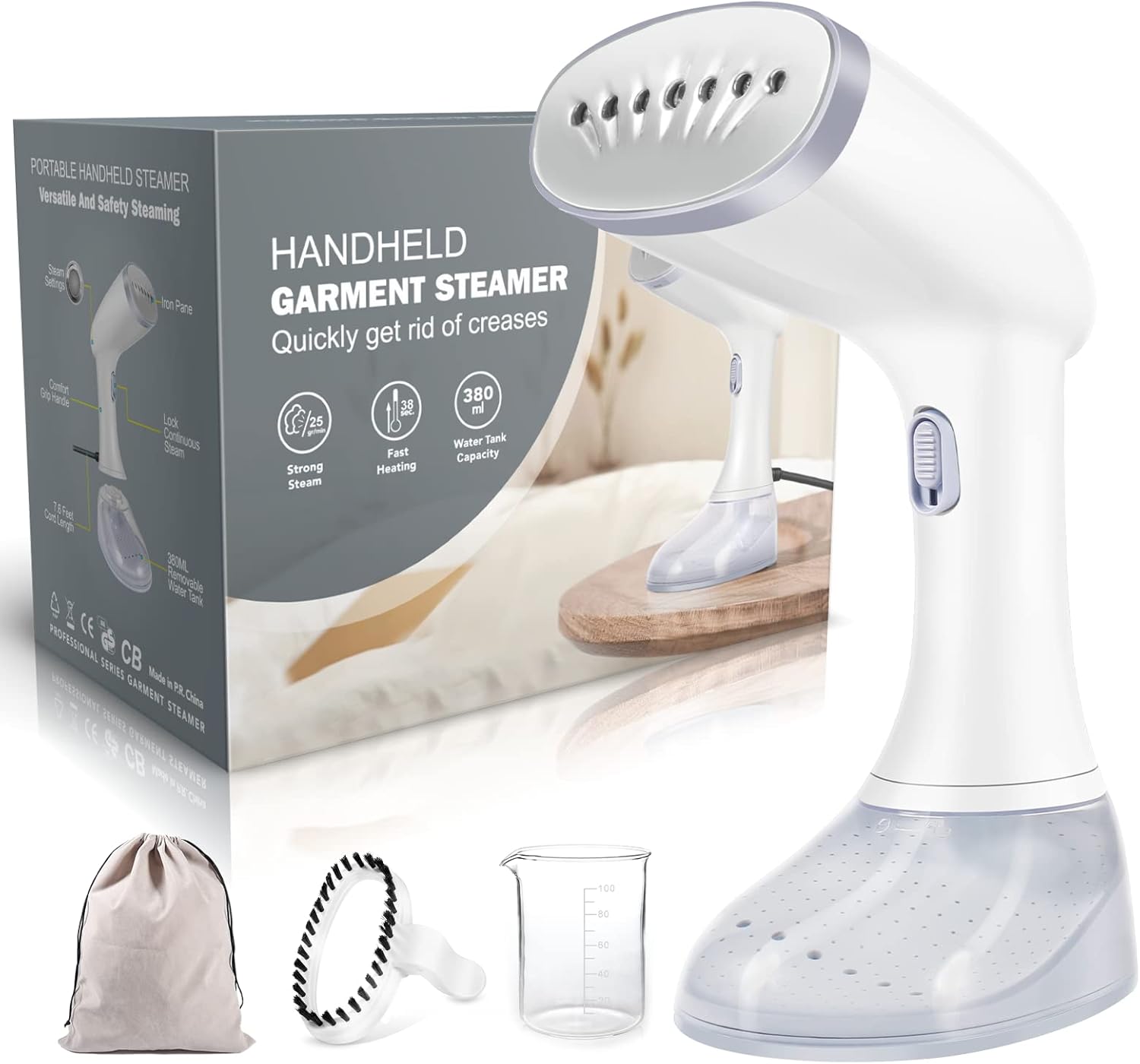 Steamer for Clothes, Portable Garment 3 Steam Options Fabric Clothing Steamer, 1350W Handheld Travel Clothes 30s Fast Heat-up, 380ML Water Tank Continuous Steam, White Grey