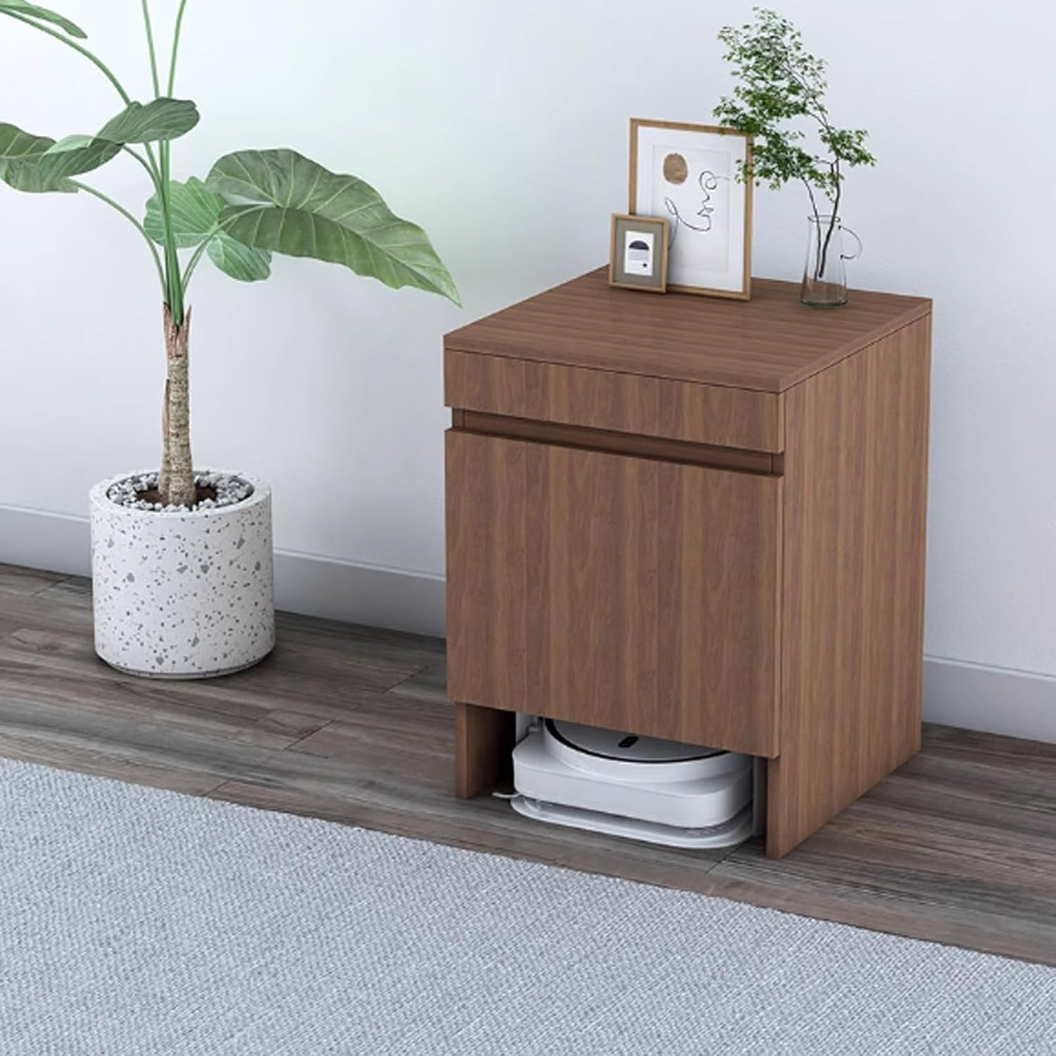 Robot Vacuum Storage Cabinet, 1.8mm Thick Wood Black/White/Brown, Pull-Out Top Shelf with Silent Rails, Soft Close Door, Space-Saving for Living Room Office Laundry Room(Natural)