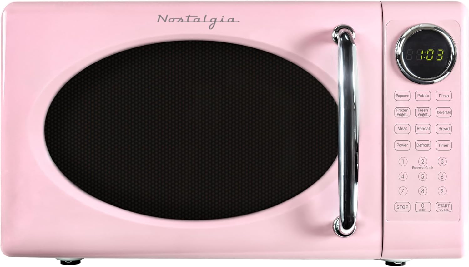 Nostalgia Retro Microwave Oven - 0.7 Cu Ft, 700-Watt Countertop Size with Glass Turntable, Child Safety Lock, 8 Auto-Cook Programs, Digital Clock - Pink