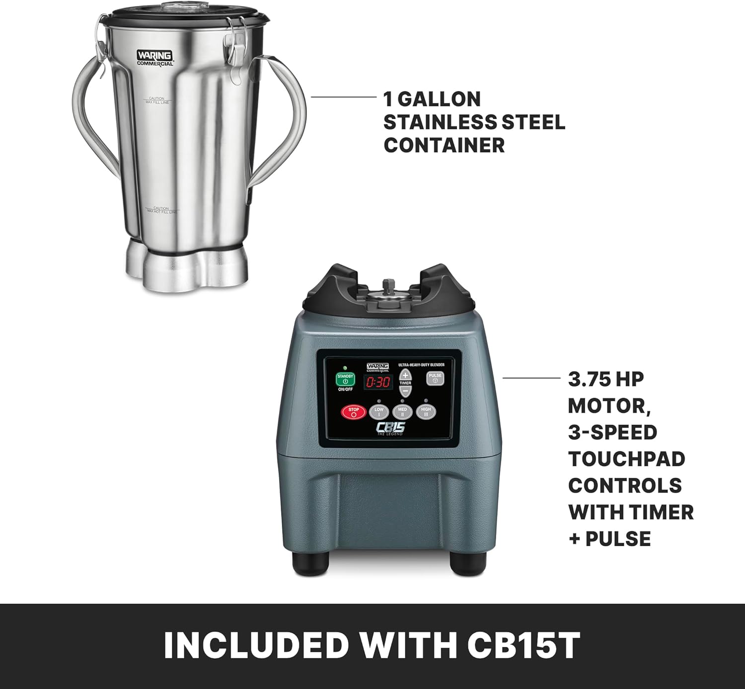Waring CB15T Blender with Timer, Stainless Steel Container, 120V, 4 L Capacity, 26