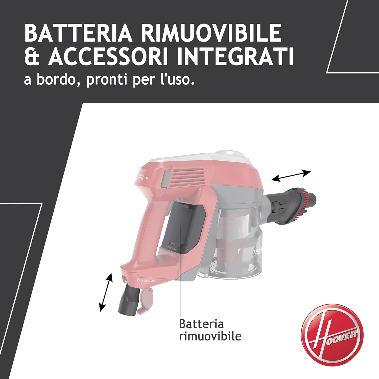 Hoover 39400928 HF122RH 011 Scopa Ricaricabile, H-Free 100, 0.9L, Batteria litio 22 V, 40 minuti, 2 velocità, Home, Griggio Rosso