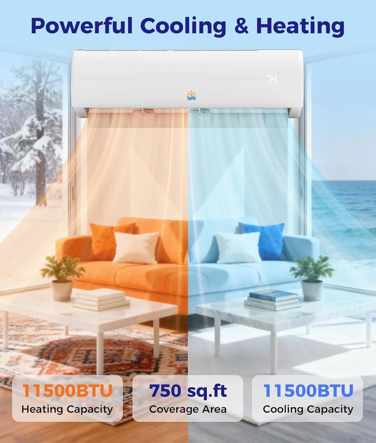 Mini Split Ac/Heating System - 11500 BTU Ductless Pre-Charged Mini Split Air Conditioner with Heat Pump, 17 SEER2 115V Energy Efficient Ac Unit Up to 750 Sq.Ft, Complete Installation Kit