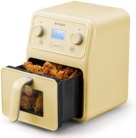 BUYDEEM F51 8-in-1 Air Fryer 4.2QT, Retro Countertop Airfryer Oven with Visible Window, Shake Reminder, One-touch Control with LCD Display, Mellow Yellow