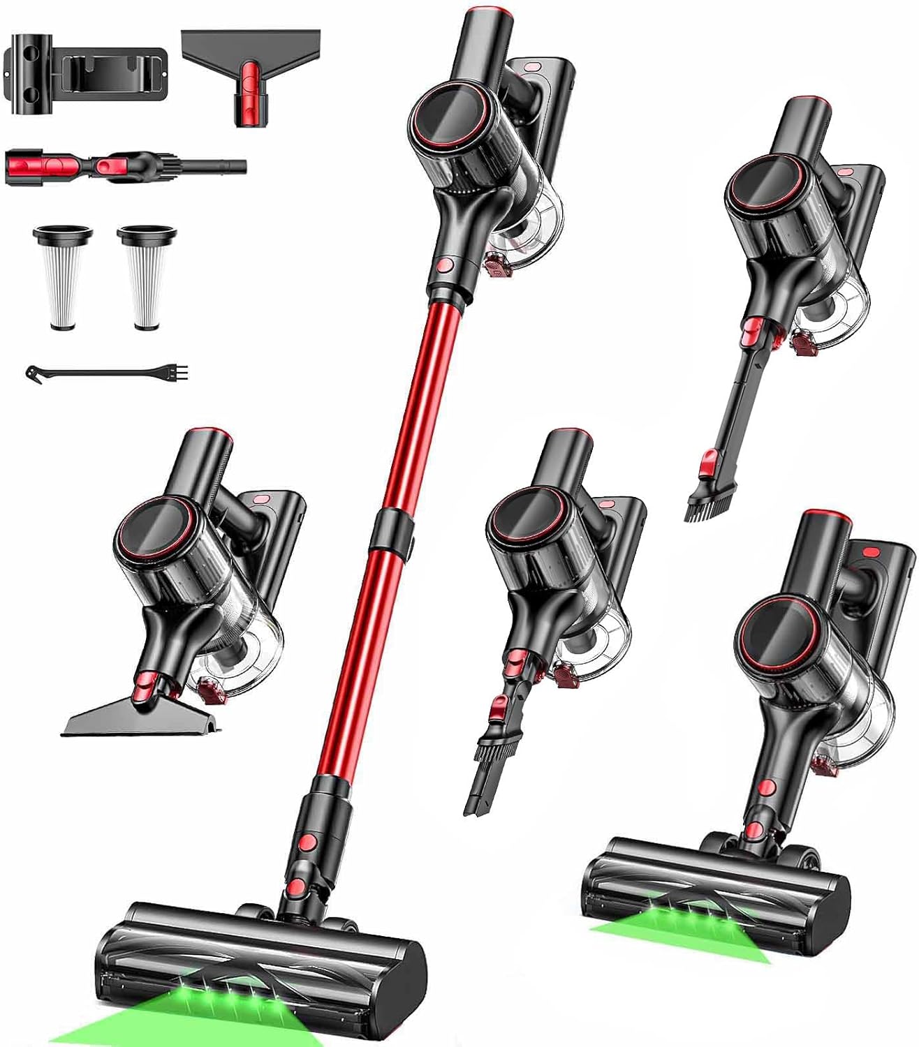Cordless Vacuum Cleaner, 45KPA 8-in-1 Vacuum Cleaners for Home, 50Mins Runtime, Anti-Tangle Stick Vacuum with LED Display, Rechargeable Lightweight Vacuum for Pet Hair/Carpet/Floor (Red)
