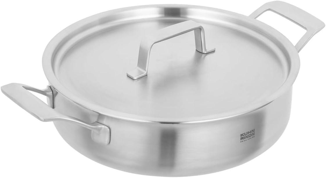 Kuhn Rikon Culinary Fiveply Shallow Casserole Pot, 24cm/3L Oven Proof Cooking Pan with Stainless Steel Lid. Induction Casserole Dishes. Dishwasher Safe - Kuhn Rikon Cookware Guarantee