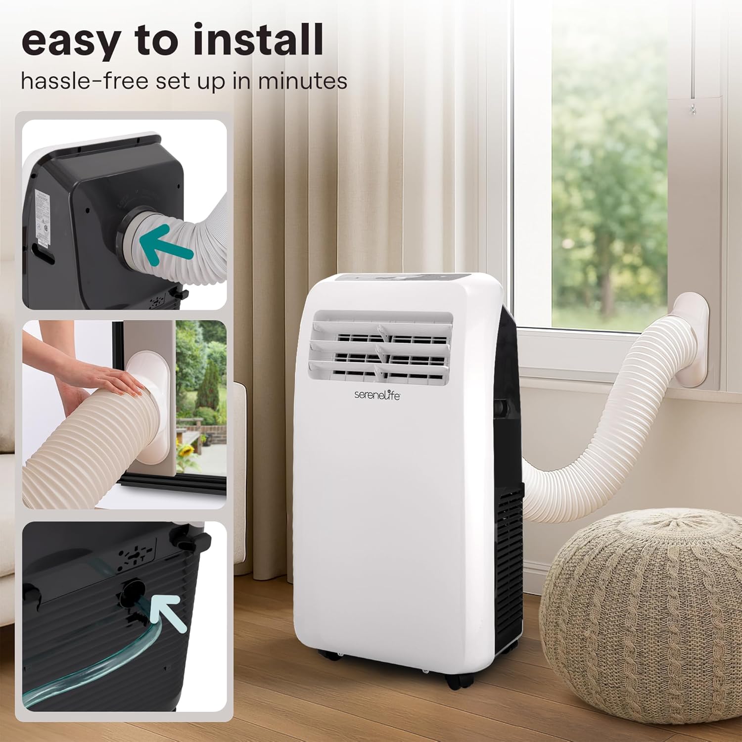 SereneLife Portable Air Conditioner With Heat & Built-in Dehumidifier 12,000 BTU, Portable Heater & AC For Rooms up to 550 Sq Ft - Remote Control & Window Mount Exhaust Kit Included