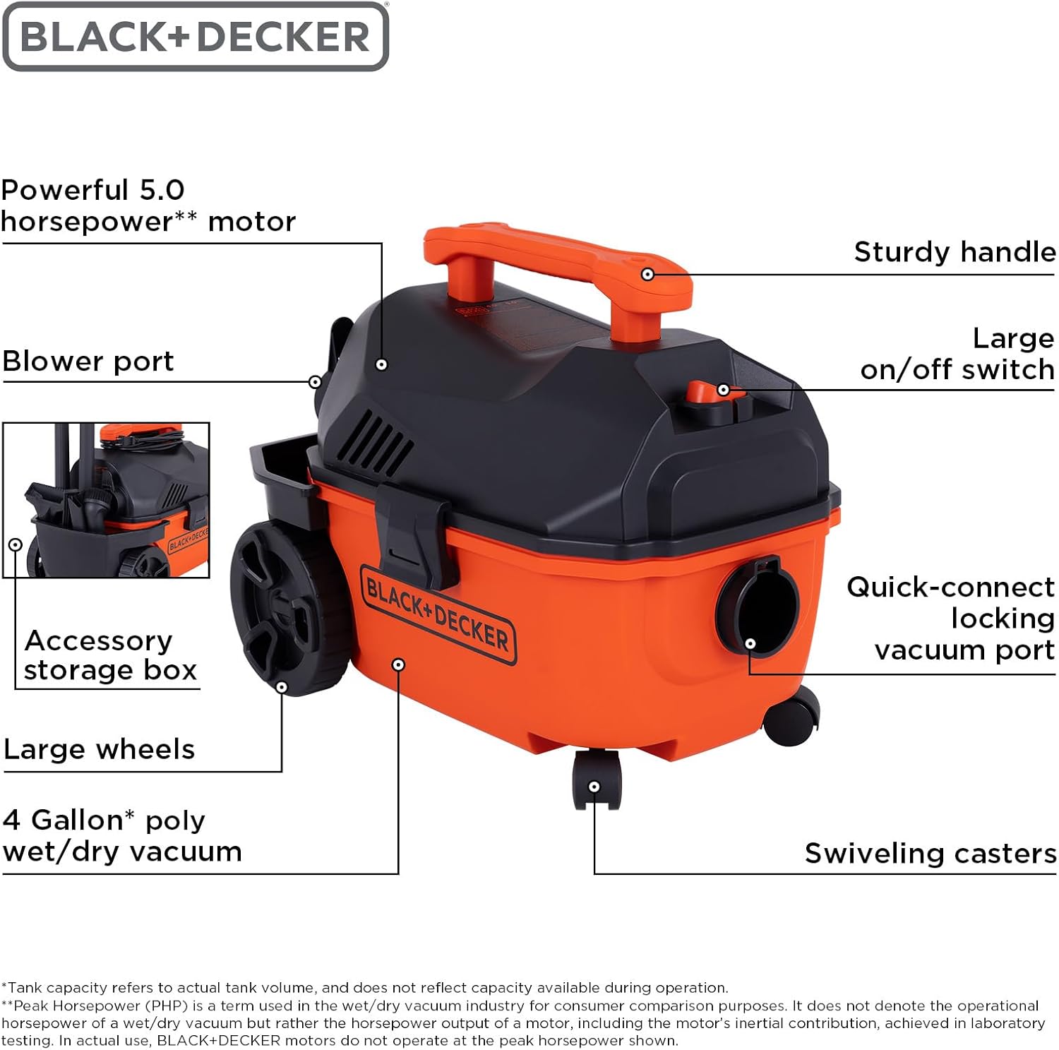 BLACK+DECKER 4 Gallon 5.0 Peak HP Wet Dry Vac,Portable Shop Vacuum Wet and Dry with Powerful Suction, Quiet Muffler, 24 ft Cleaning Reach, On-Board Storage and Complete Accessory Set, BDXV18905P-4