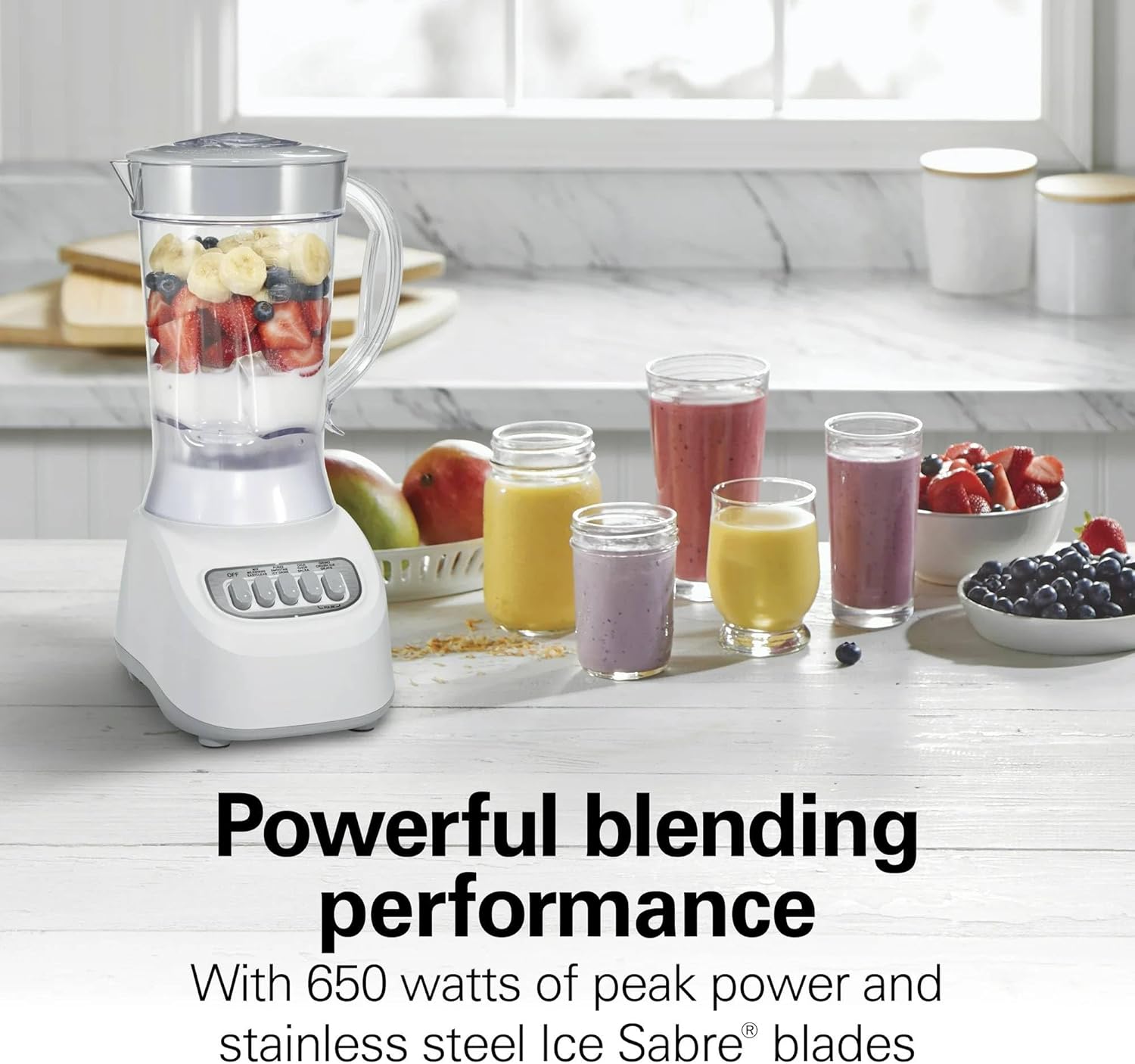 Beach Smoothie Blender with 650W Peak Power, Wave Action System, 12 Functions, 48 oz BPA-Free Jar, and Ice Sabre Blades Black (White)