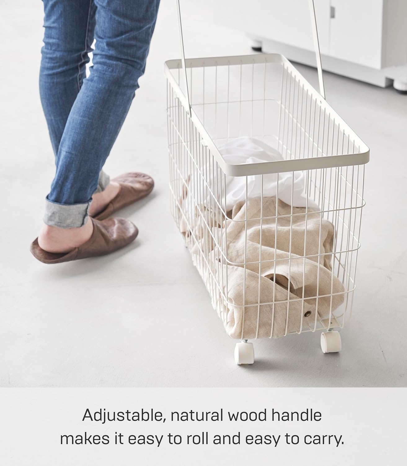 Yamazaki Home Tosca Compact Rolling Laundry Basket Cart - Metal Hamper With Wheels And Handle For Easy Mobility - Space-Saving Storage Solution, 15