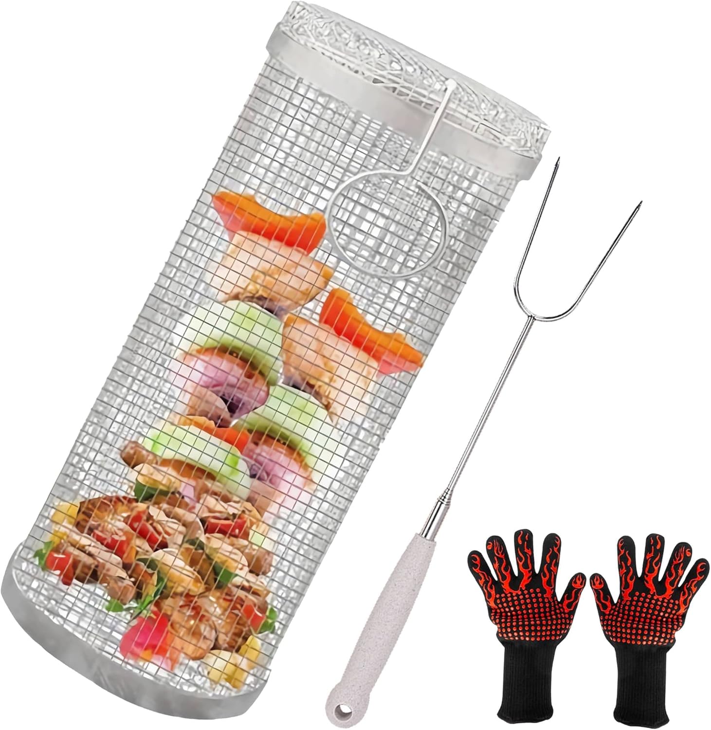 Rolling Grilling Basket,Portable Outdoor Camping Round Barbecue Rack for Vegetables,French Fries,Fish,Versatile Round Grill Cooking Accessories