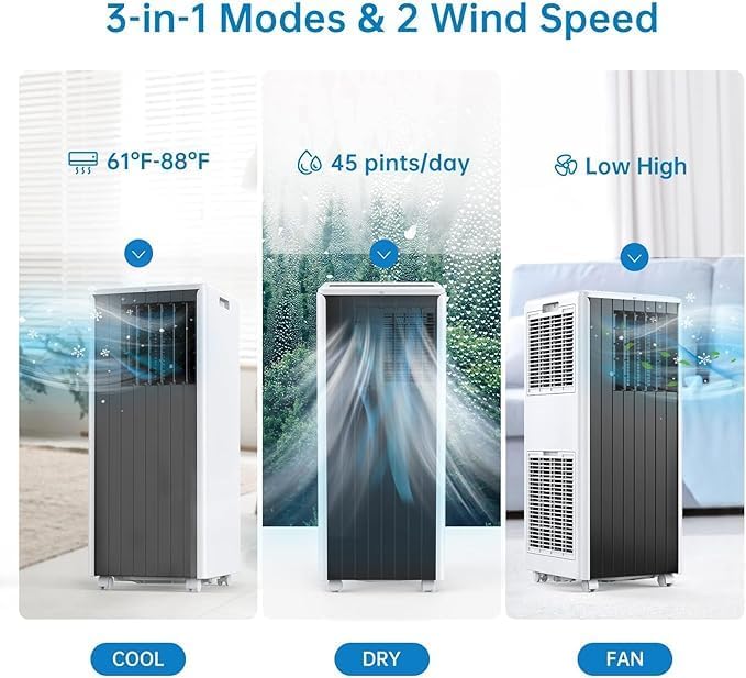 8,000 BTU Portable Air Conditioner with Remote, 3-in-1 AC, Dehumidifier & Fan for Rooms Up to 350 Sq.Ft. Includes Window Installation Kit, 24-Hour Timer, Easy Mobility Wheels & Quiet Operation
