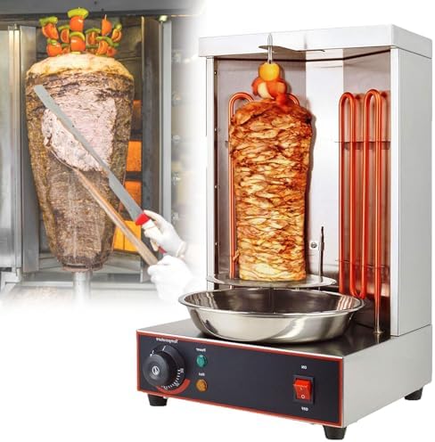 Electric Vertical Rotisserie Grill for Shawarma, Kebabs & Gyros - 2 Heating Tubes, Meat Catch Pan - Ideal for Commercial Kitchens & Outdoor BBQs, High-Efficiency Cooking