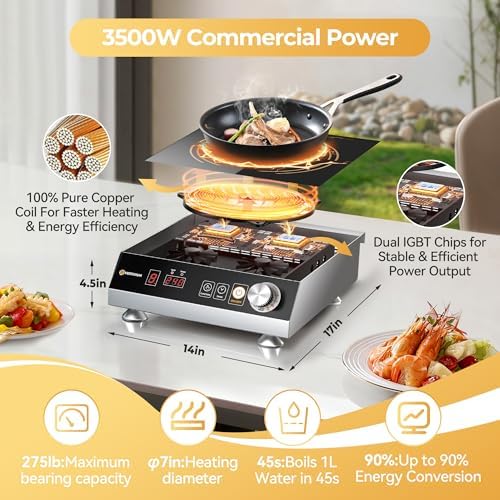 Commercial Induction Cooktop 3500W/220V, Professional Portable Countertop Burner, 9 Power/Temp Levels Dual Cooling Fans IPX4 Waterproof 72H Continuous Use, Overheat Protection