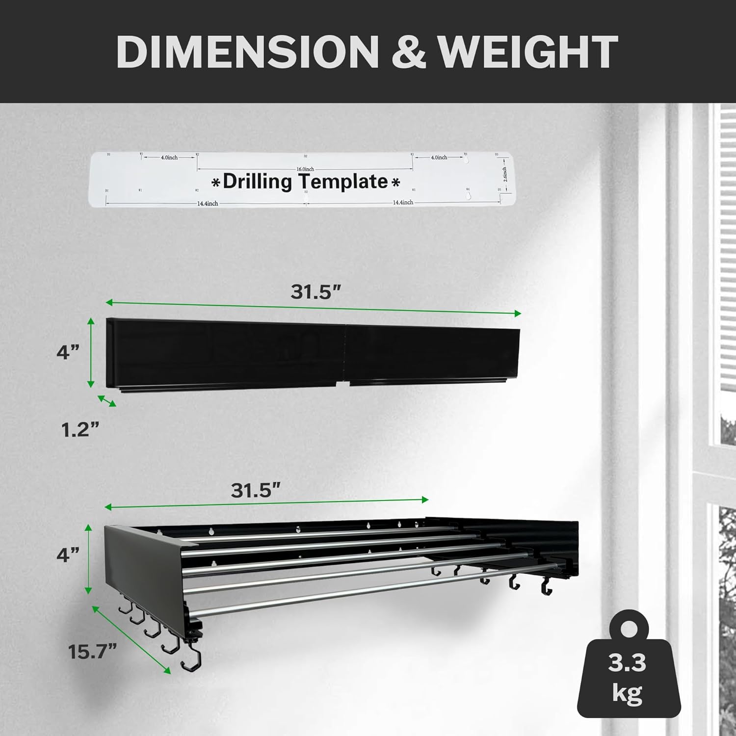 Wall Mounted Laundry Drying Rack, Retractable & Foldable, 31.5
