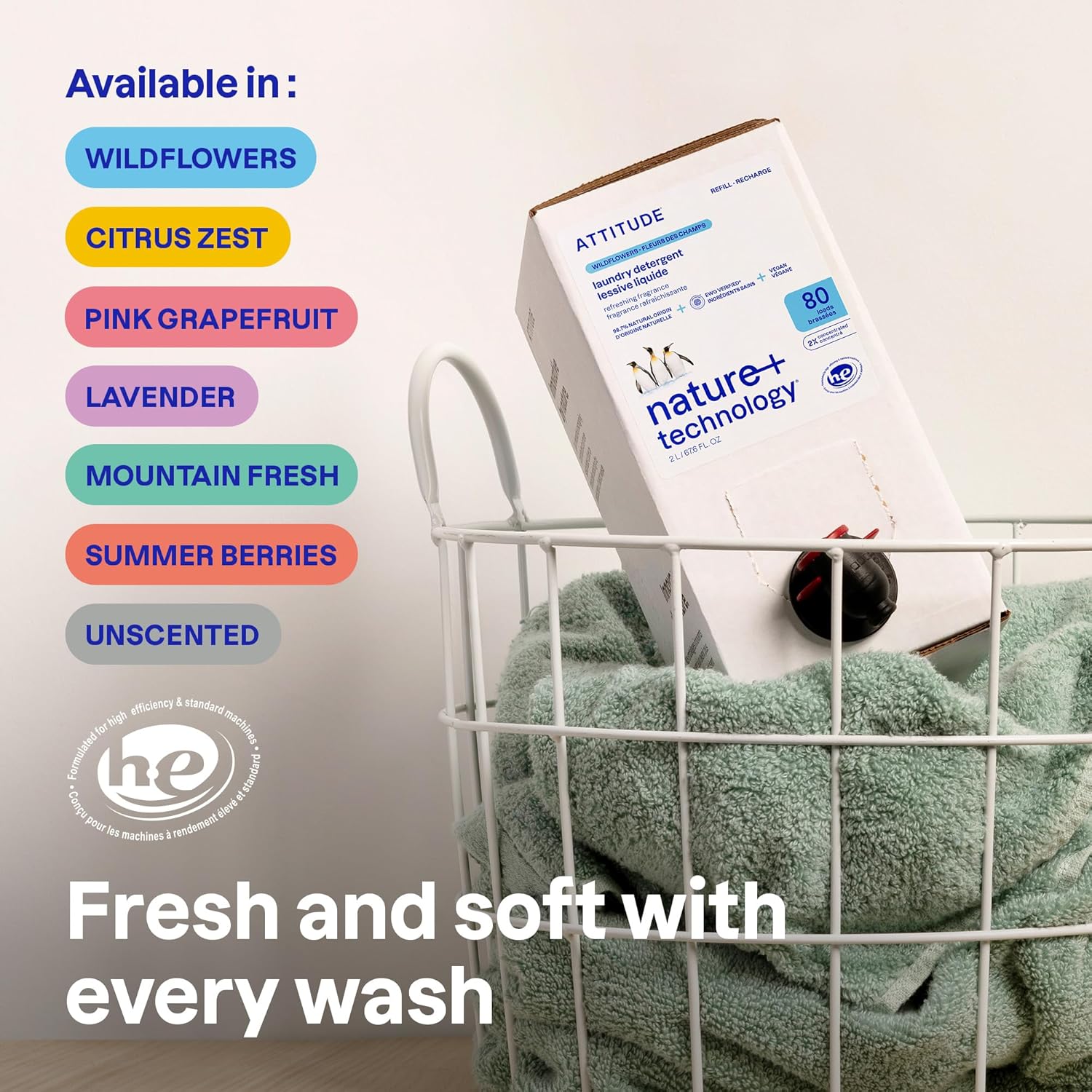 ATTITUDE Liquid Laundry Detergent Refill, EWG Verified, HE Compatible, Plant-Based & Vegan, Natural Laundry Soap, Mountain Fresh Scent, 80 Loads, 67.6 Fl Oz (Pack of 4)