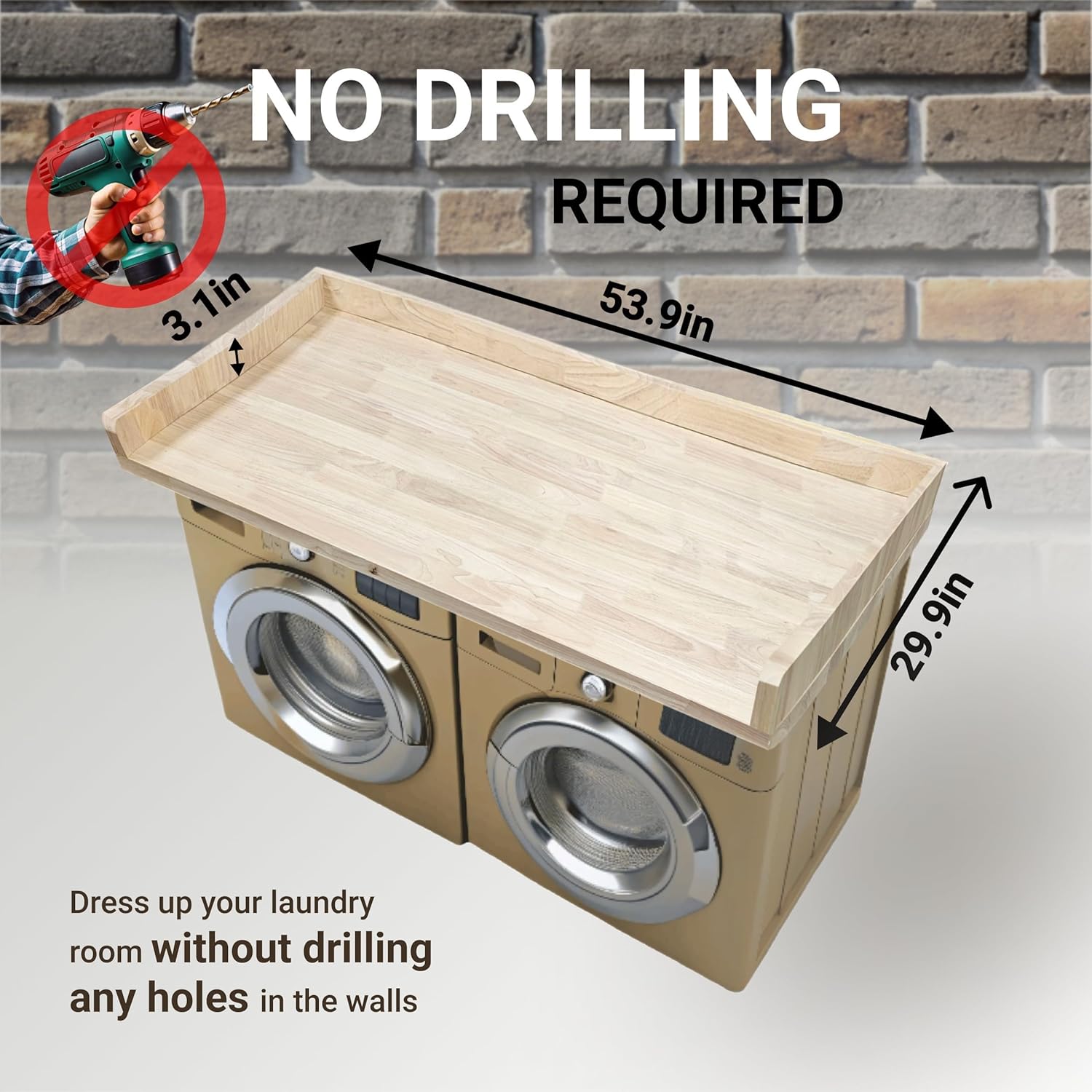 Skywin Washer Dryer Countertop 54 x 30 Inches, Single Real Solid Wood Butcher Block (Unfinished Plain Wood Surface) for One Unit Only (Washer or Dryer), Countertop Over Laundry Machine