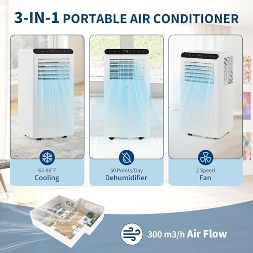 8,000 BTU Portable Air Conditioners, 3-in-1 Portable AC Unit Cools Up to 350 Sq.Ft, Quiet Air Conditioner with Fast Cooling/Energy Saving/Remote Control/24Hrs Timer for Bedroom, Office, Apartments, Wh