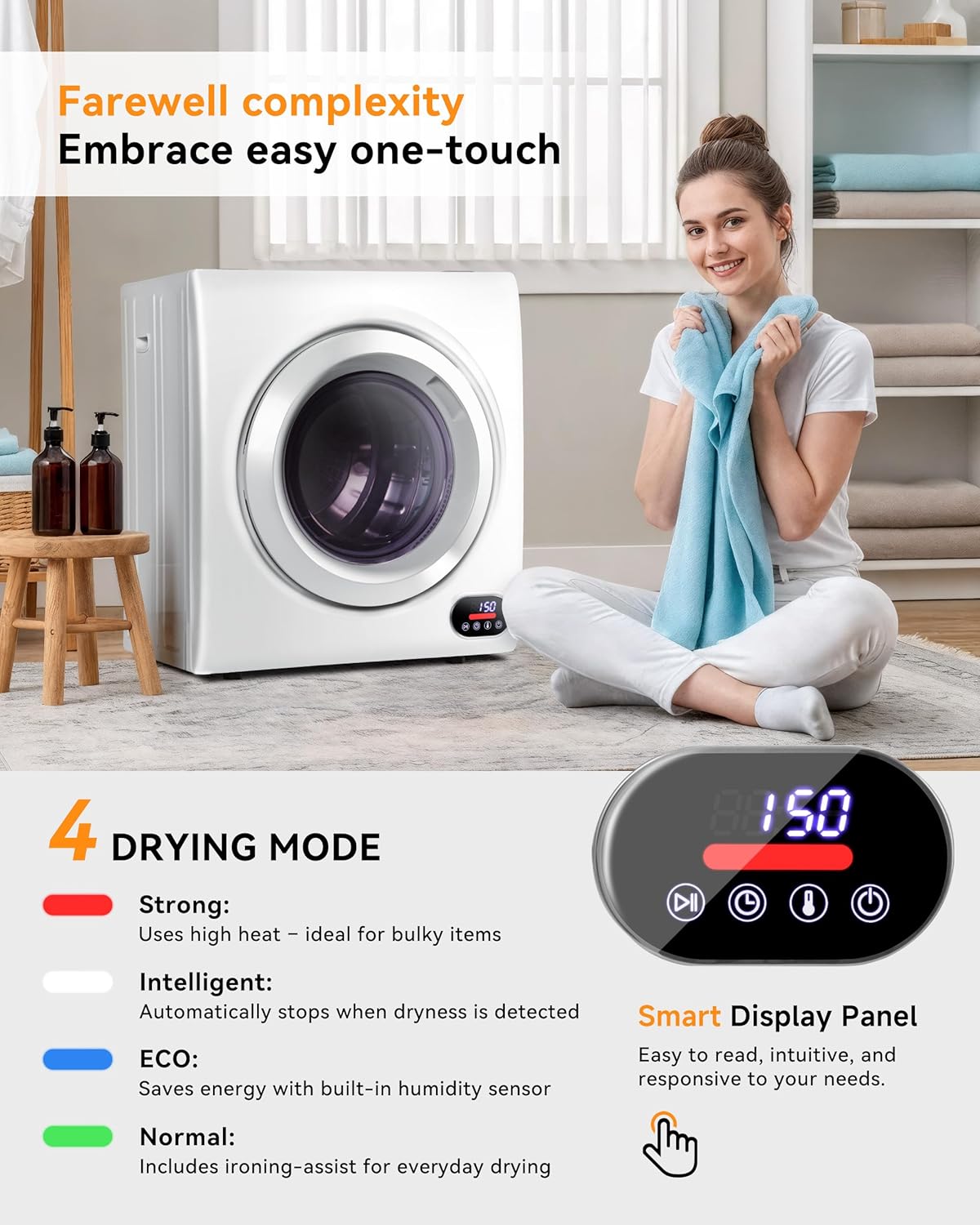 21.1 LBS Compact Laundry Dryer, 3.5 cu ft Front Load Stainless Steel Clothes Dryers With Exhaust Pipe, 1500W, LCD Control Panel, 4 Function Portable Dryer For Apartments, Home, Dorm, White