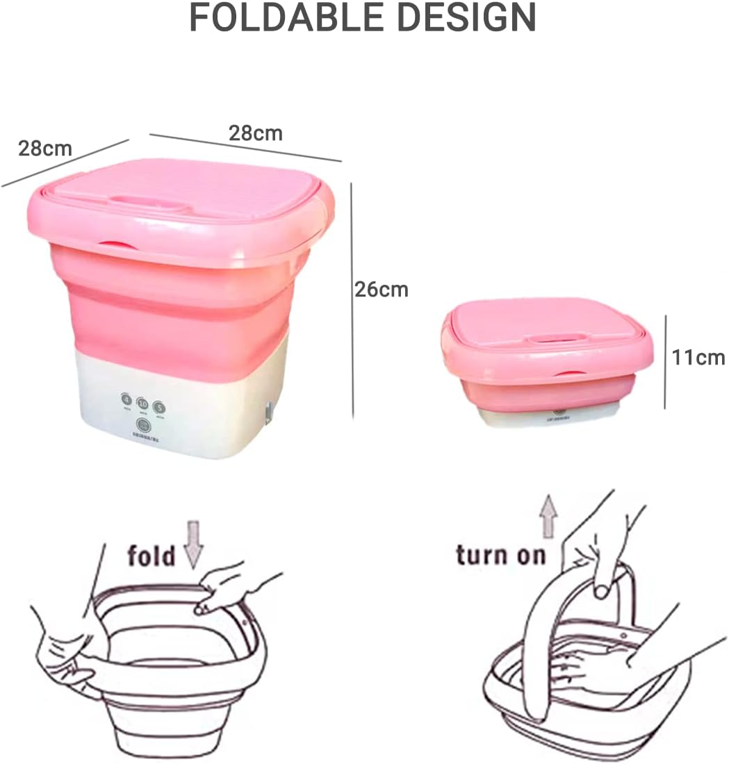 Portable Mini Foldable Clothes Washing Machine,Portable Laundry Bucket Washer with Spin Dryer Bucket for Automatic Home Travel Self-Driving Tour Underwear Foldable Washer, Pink