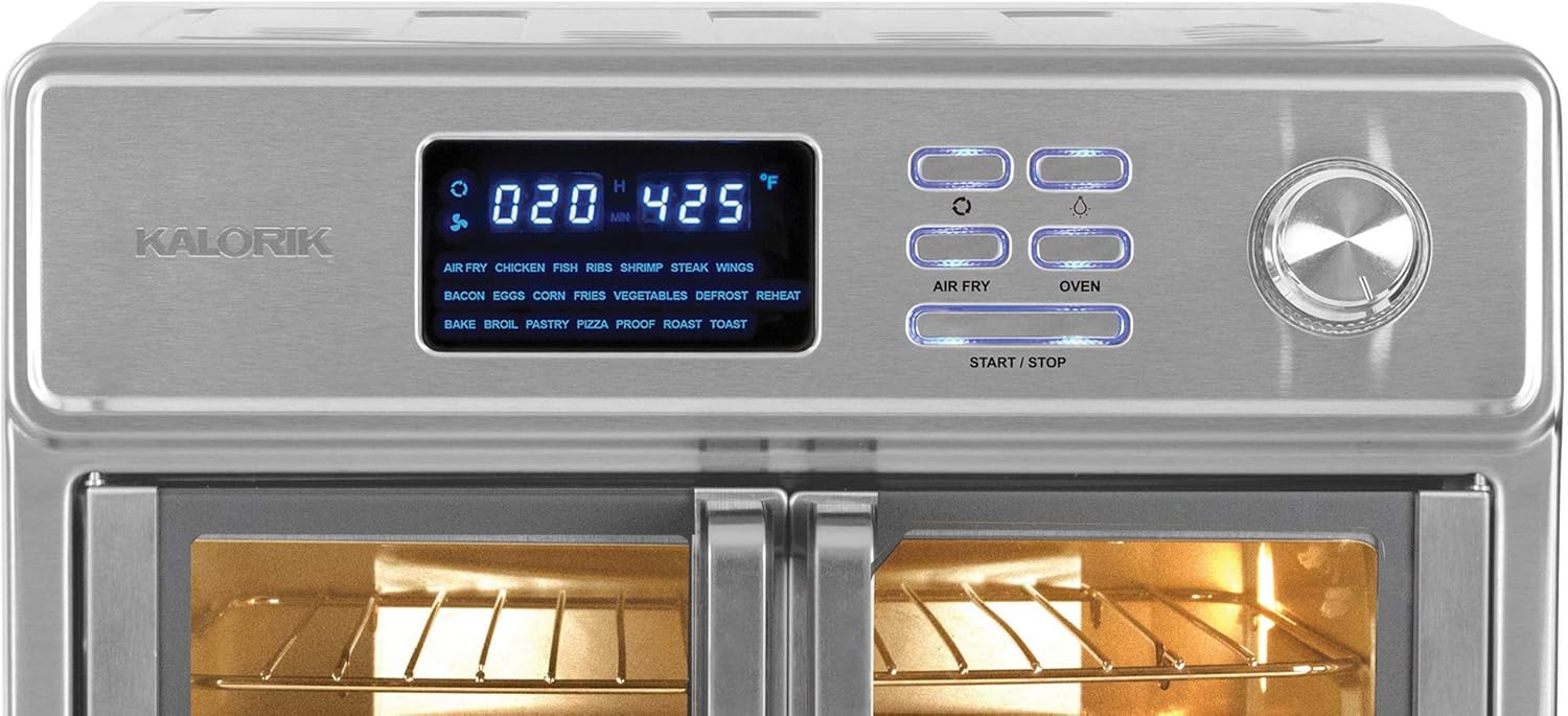 Kalorik 26 QT Digital Maxx Air Fryer Oven with 7 Accessories, Roaster, Broiler, Rotisserie, Dehydrator, Oven, Toaster, Pizza Oven and Slow Cooker. Includes Cookbook. Sears up to 500⁰F. Extra Large Capacity, All in One Appliance. Stainless Steel. AFO