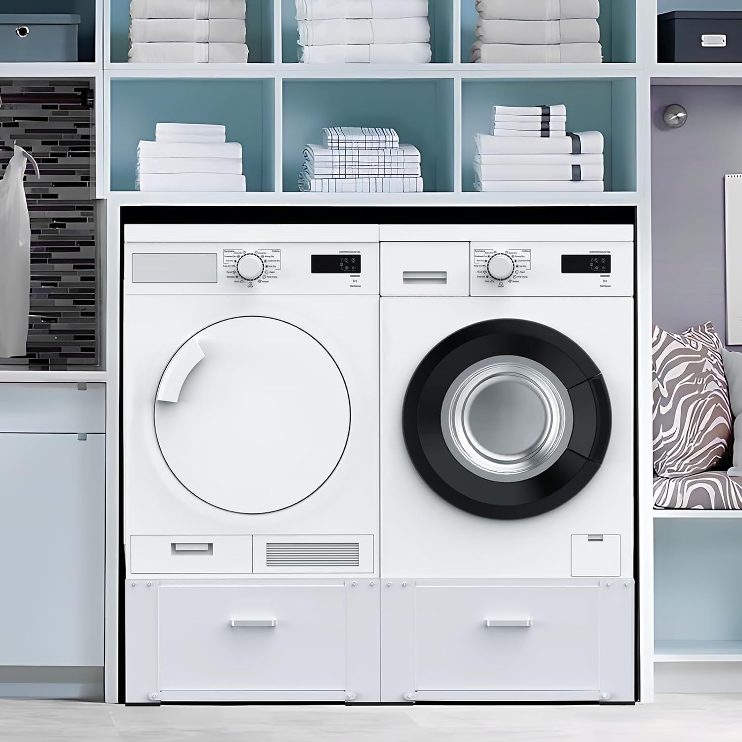 2 Pack Laundry Pedestals with Drawer, 29'' x 29'' x14.3'', Heavy-Duty Steel, Washing Machine Base Stand, Dryer Base Platform, Capable of Supporting 700 lbs, White