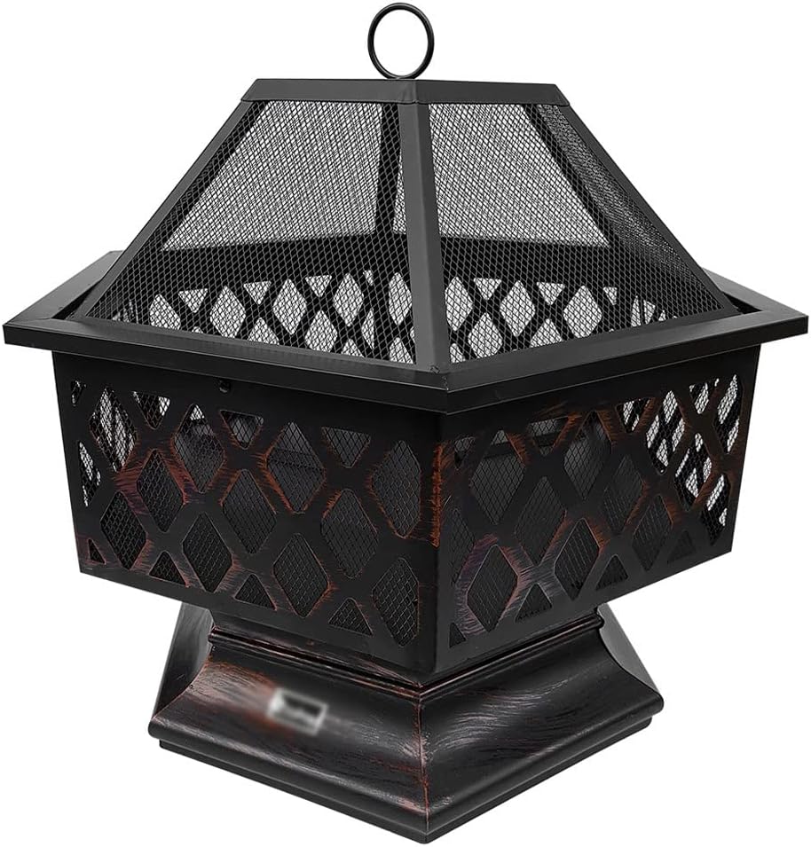 BBQ Grill Outdoor Fireplace Fire Pit Stove Garden Patio Wood Log Barbecue Net Set Cooking Tools Camping Brazier for Xmas, bronze