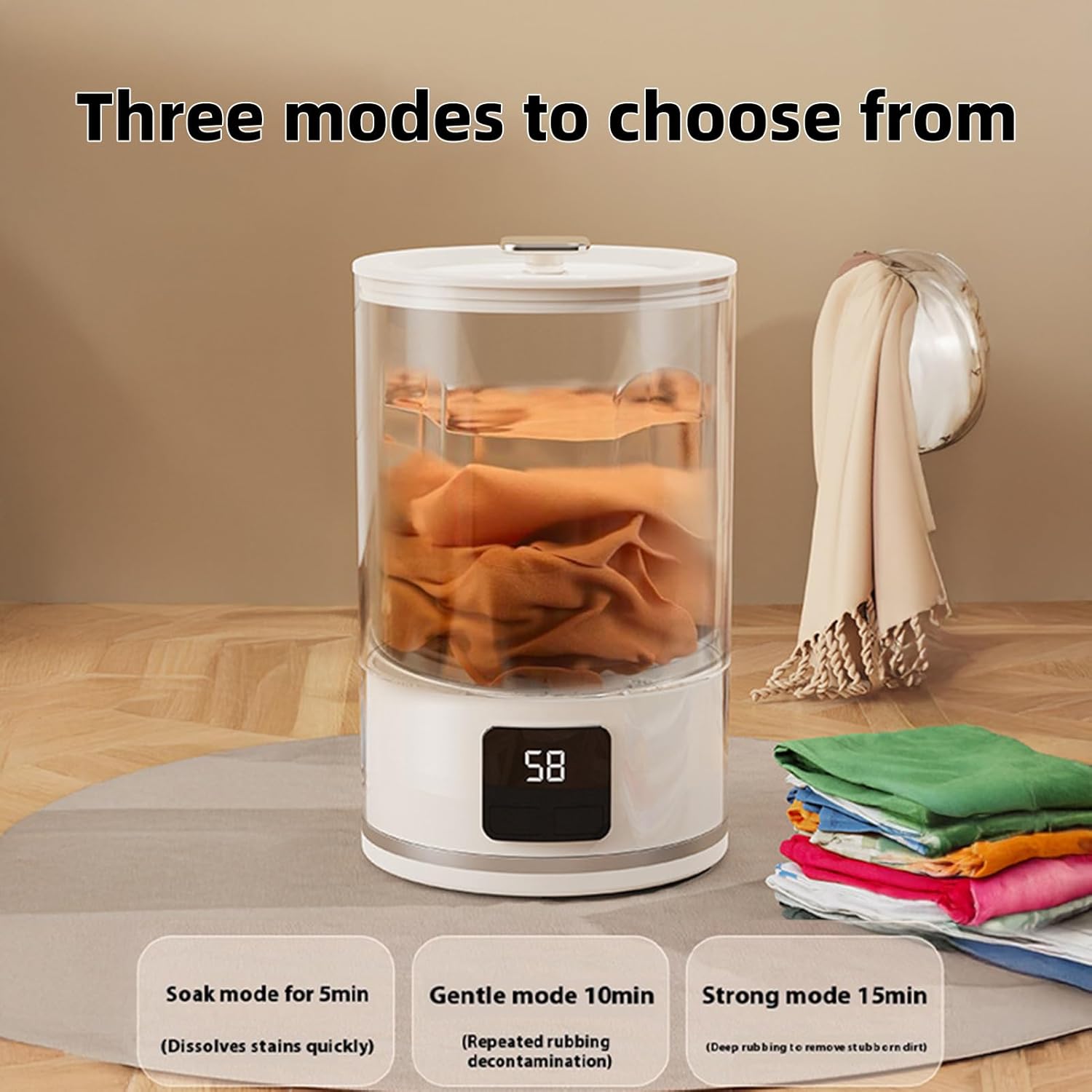 Mini Portable Washing Machine for Underwear – Rechargeable Travel Washer with LED Display, Compact Laundry Cup Washing Machine for Small Clothes, Home or Camping Use (White)