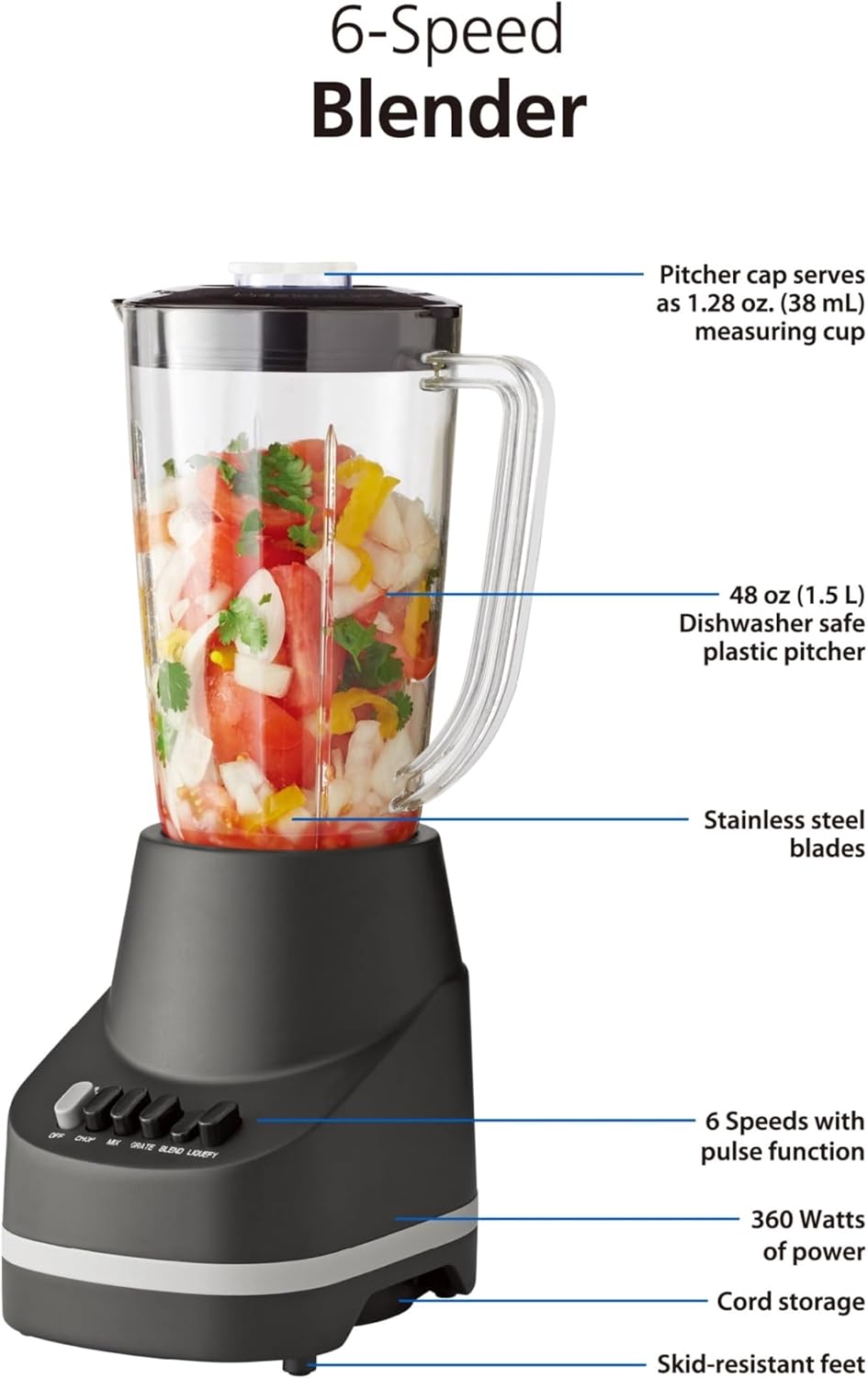 6-Speed Blender with 48 oz/1.5 L Pitcher, Black