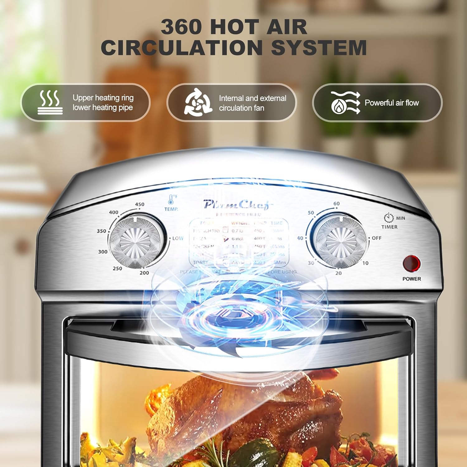 PlumChef 13 Quart 4 Slices Air Fryer Convection Toaster Oven, 1500W, Multifunction Oven with Reference Menus on Panel, Time and Temperature Controls,Stainless Steel