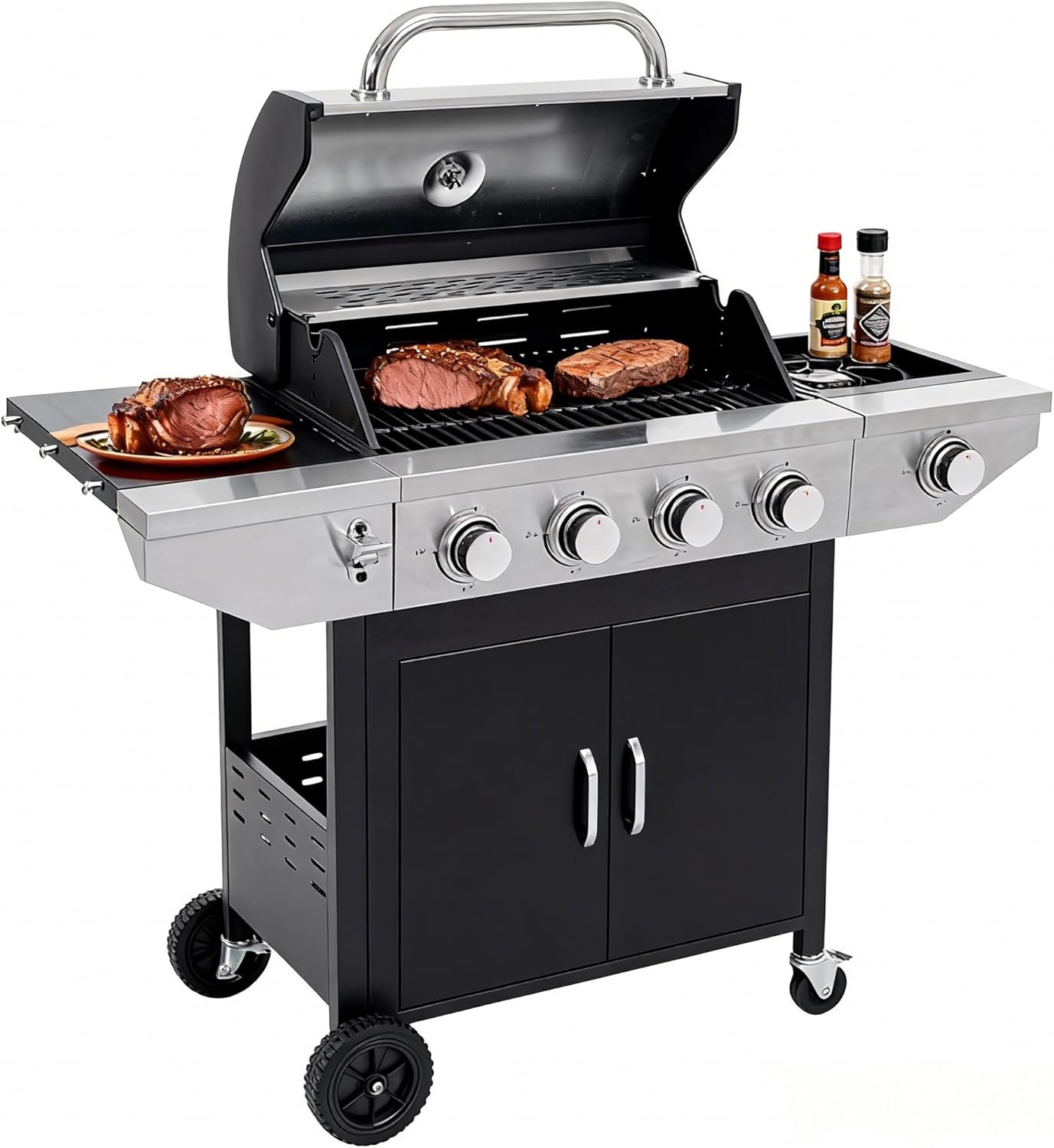 Zateety 4 Burner Propane Grill - 46,500 BTU Gas Grill with Side Burner, Stainless Steel with Iron Cast Grates for Outdoor Cooking, Patio, Camping BBQ, Garden Barbecue Grill, Black and Silver