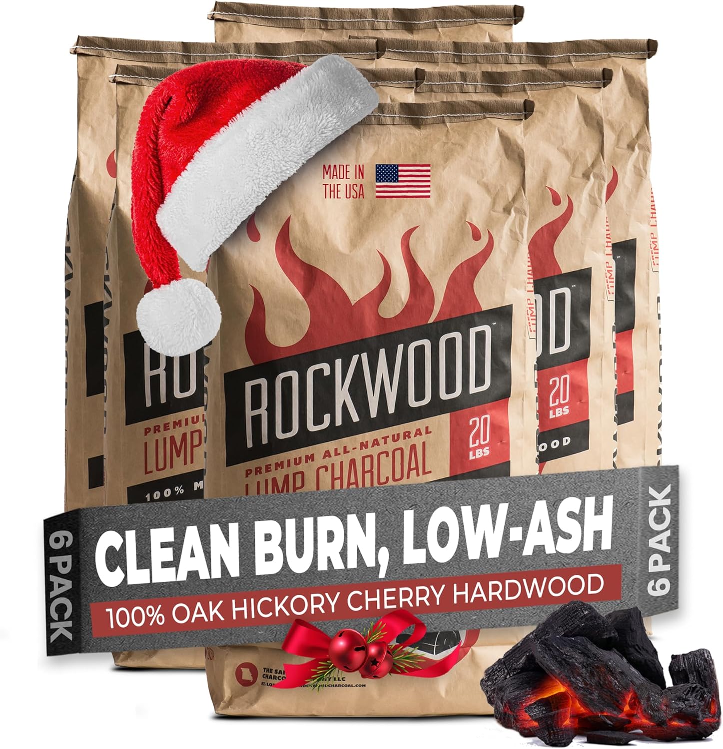Rockwood Premium Hardwood Lump Charcoal – Oak, Hickory & Cherry Blend for Restaurant Quality Barbecue Smoking & Grilling – Smoky Flavor BBQ, Clean Burning for Kettle & Kamado Grills – 20lbs (6 Packs)