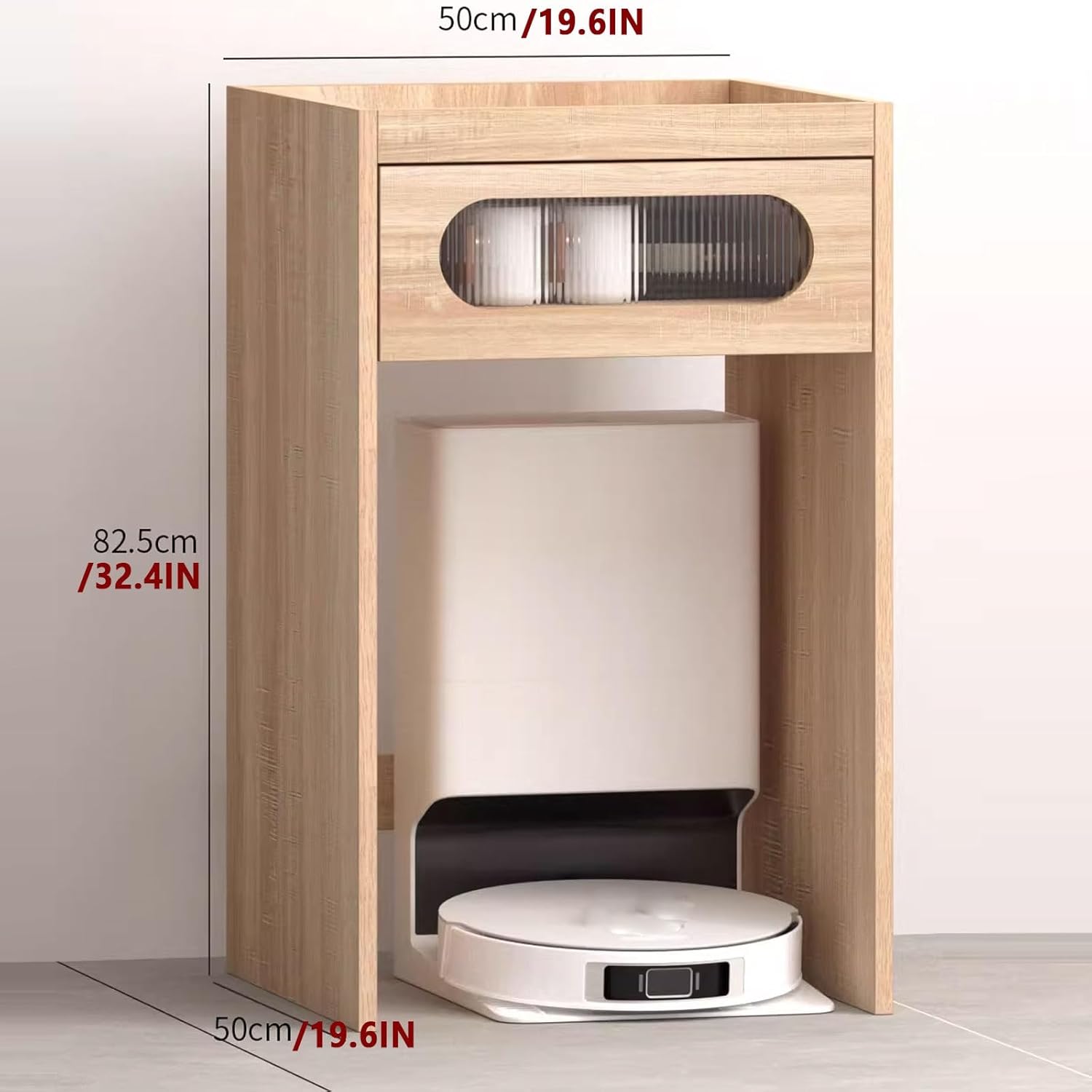 Coffee Bars Cabinet with Drawer Tall Robot Vacuum Hidden Cabinet Pull-Out Top Panel Top Antis-Fall Edge Design Multi-Functional Modern Vacuum Storage Stand 3 Colors(Natural,50 * 50 * 82.5cm)