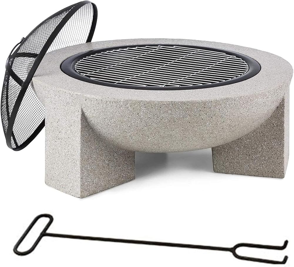 Small Firepit, Fire Bowl for Garden and Patio, Fire Pit with BBQ Grill Shelf Includes Grill Grate for Use as a BBQ Pit, Fire Bowl Out of Steel with an Edging of Artificial Stone 75 40cm