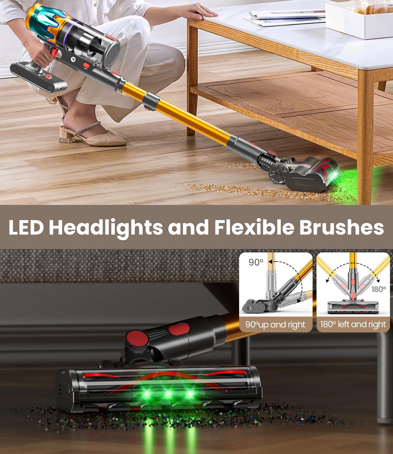 Cordless Vacuum Cleaner, 580W 48KPA 70Mins Vacuum Cleaners for Home, Cordless Stick Vacuum with Touch Screen, Anti-Tangle & Wall Mount Charge, Wireless Vacumm for Home/Pet Hair/Carpets/Floors