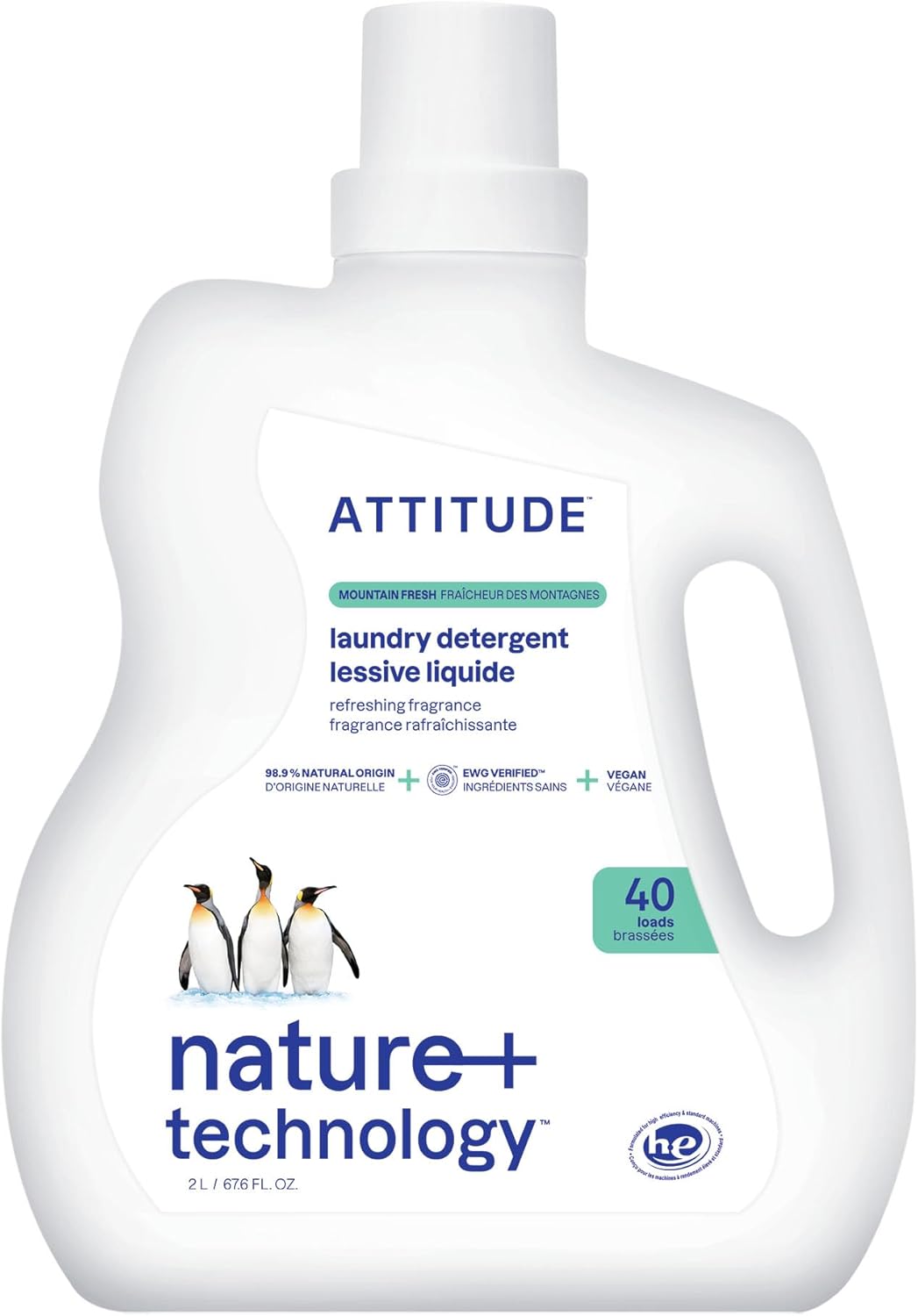 ATTITUDE Liquid Laundry Detergent, EWG Verified, HE Compatible, Plant-Based & Vegan, Natural Laundry Soap, Mountain Fresh Scent, 40 Loads, 67.6 Fl Oz
